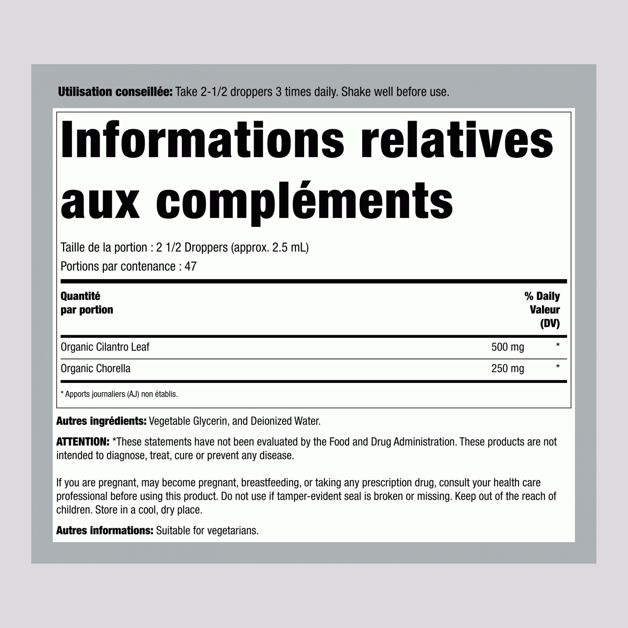 Coriandre Métal Détoxifiant avec chlorelle 4 onces liquides 118 mL Compte-gouttes en verre    