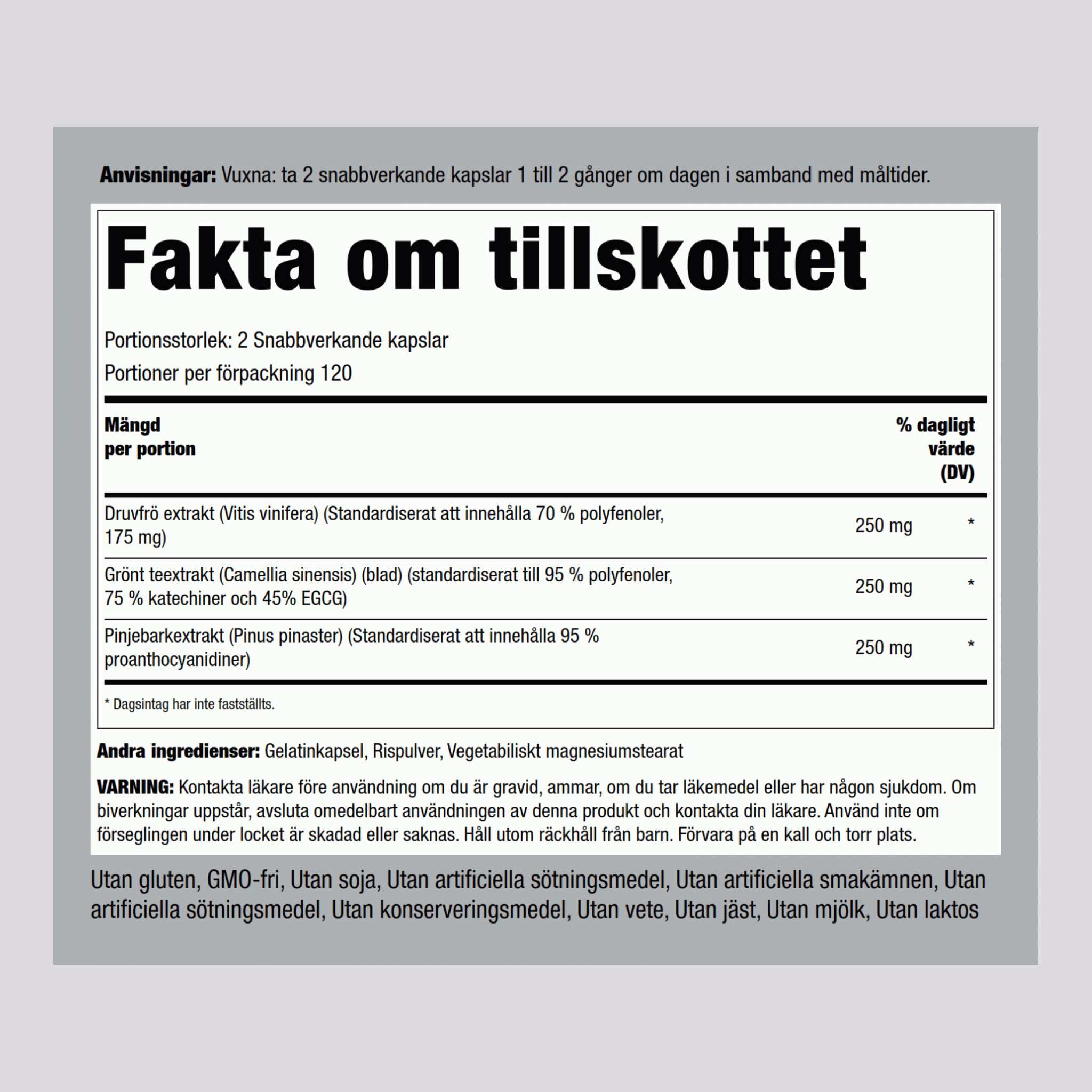 Standardiserad sammansättning av druvkärnor, grönt te och tallbark 240 Snabbverkande kapslar       