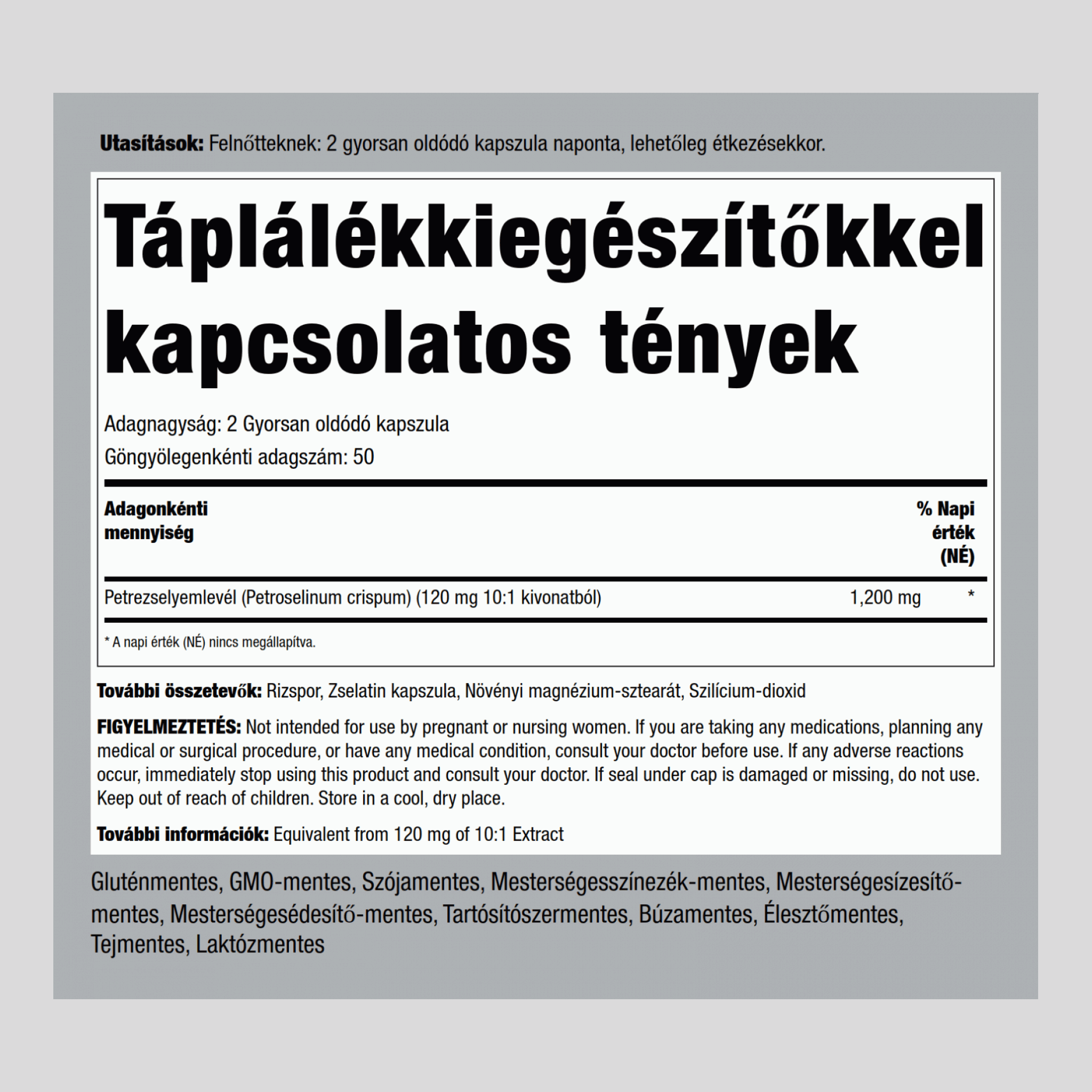 Petrezselyemlevél  1200 mg (adagonként) 100 Gyorsan oldódó kapszula     