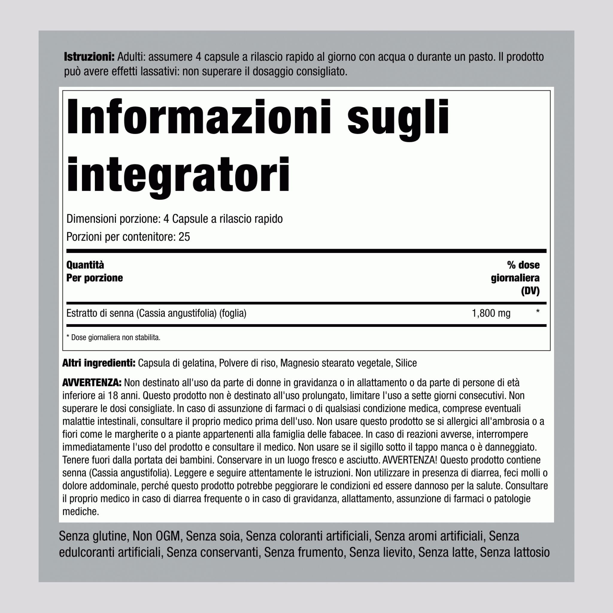 Foglie di senna  1800 mg (per dose) 100 Capsule a rilascio rapido     