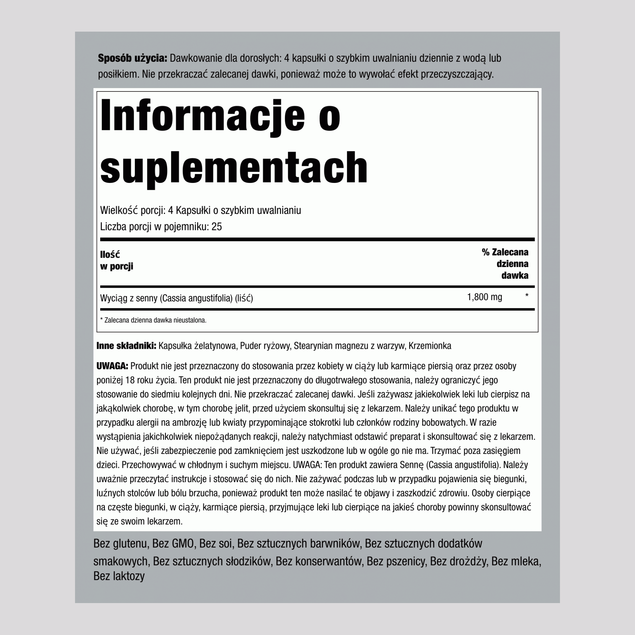 Liście senny  1800 mg (na porcję) 100 Kapsułki o szybkim uwalnianiu     