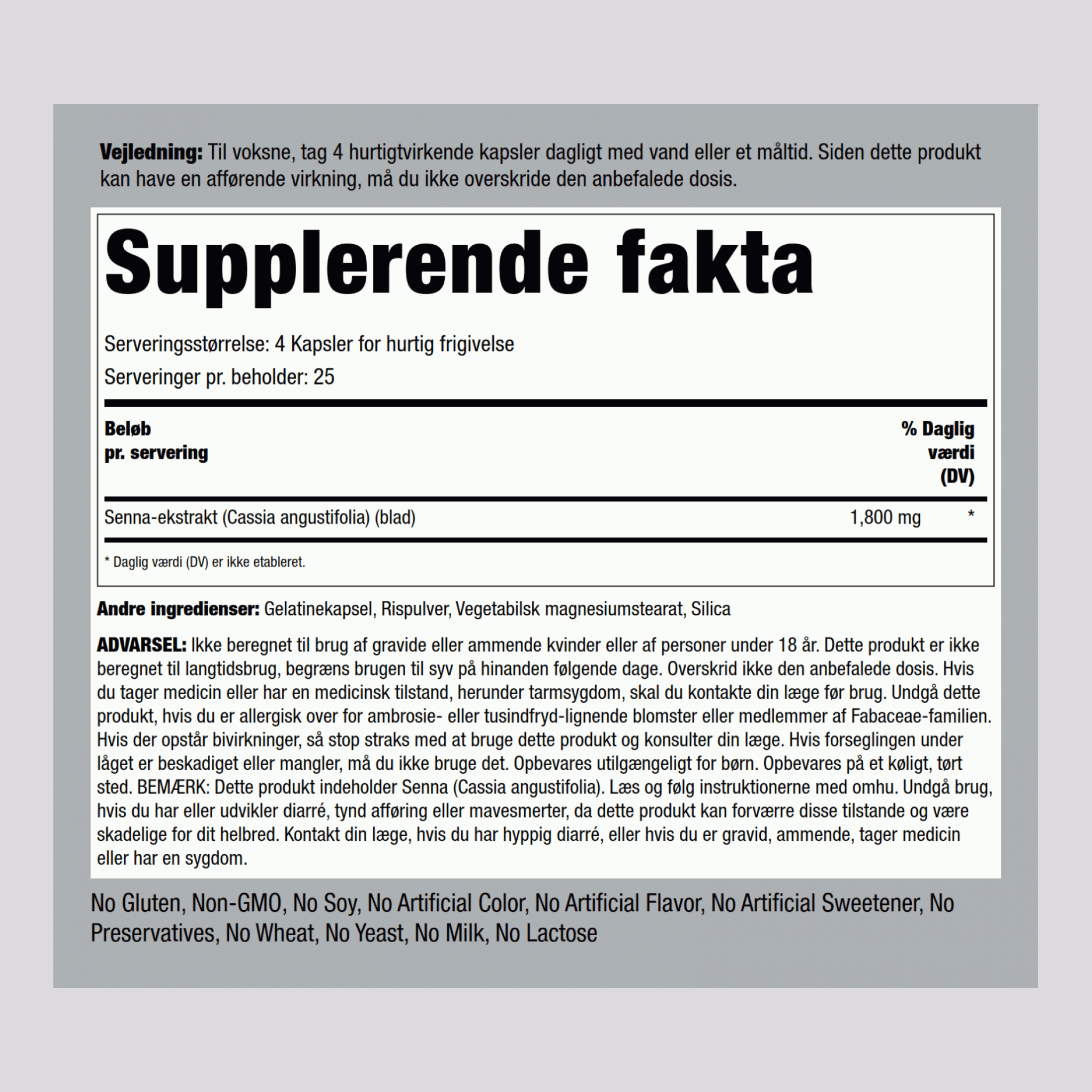 Sennes-blade  1800 mg (pr. dosering) 100 Kapsler for hurtig frigivelse     