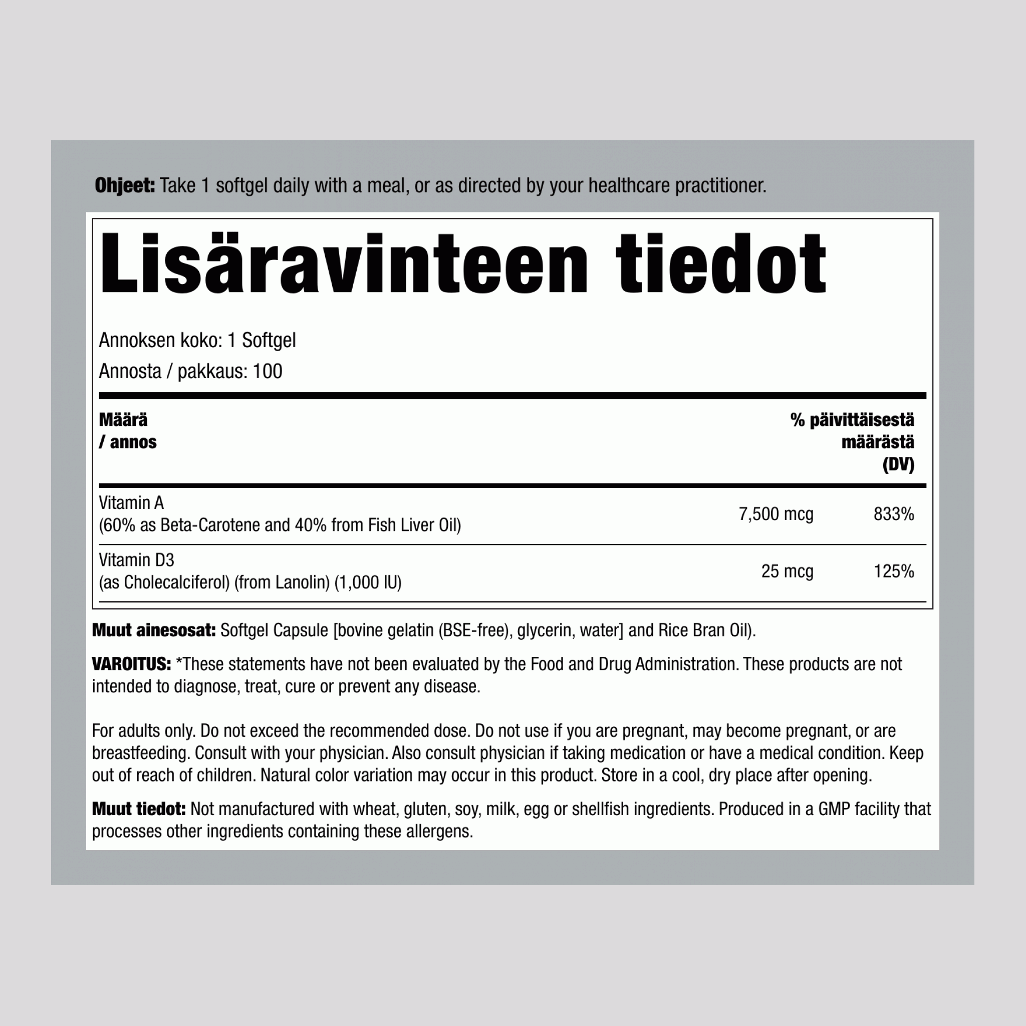 Ultra A- ja D3-vitamiini 25 000/1 000 25,000/1,000 IU 100 Geelikapselit     