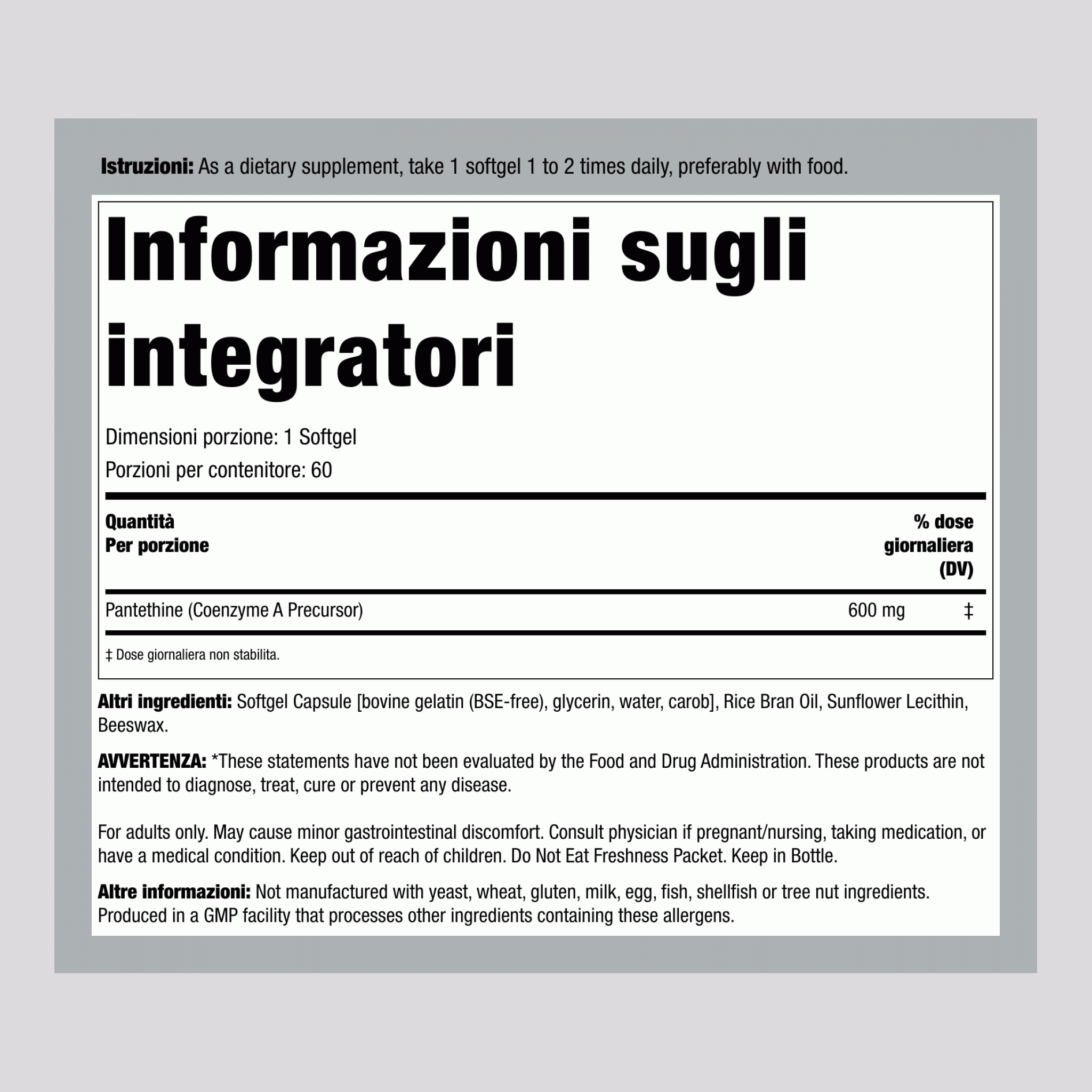 Panteina (Coenzima A) 600 mg 60 Capsule molli     