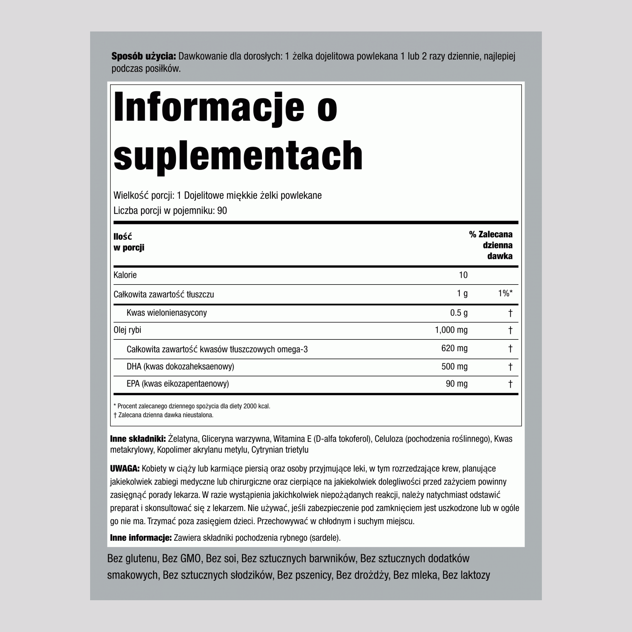 DHA w powłoce kwasoodpornej 500 mg 90 Miękkie kapsułki żelowe o szybkim uwalnianiu     