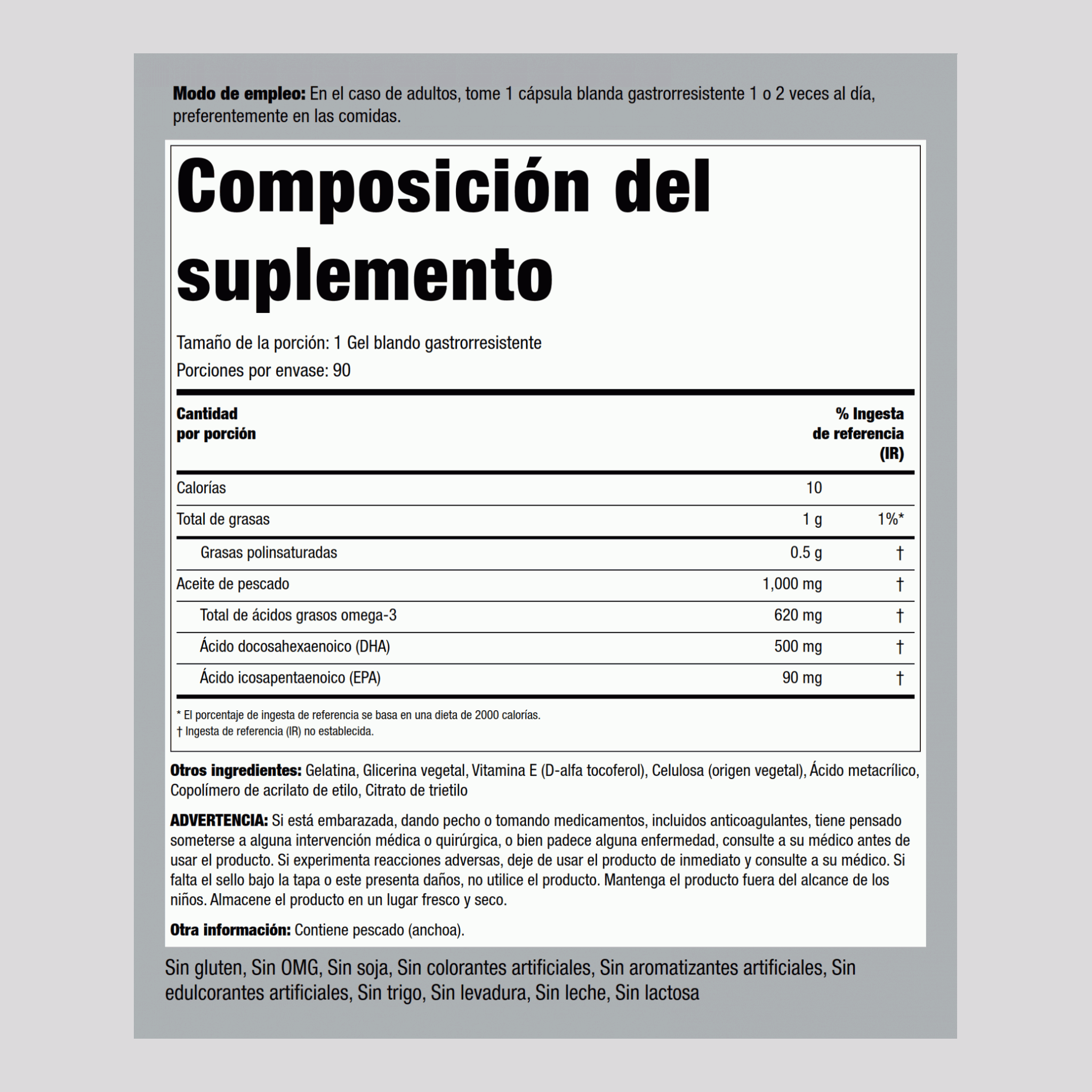 DHA con recubrimiento entérico 500 mg 90 Cápsulas blandas de liberación rápida     