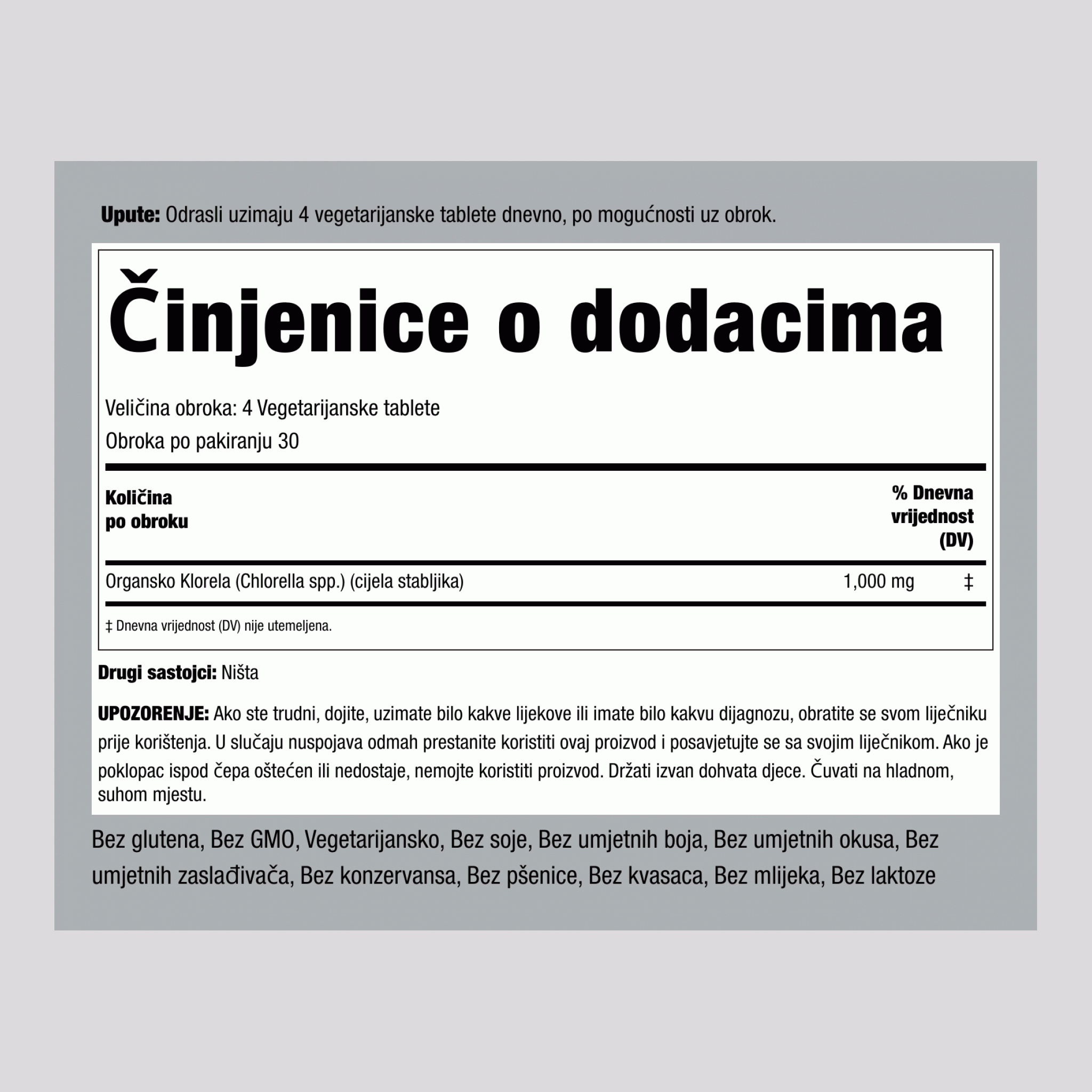 Chlorella smrvljene opne 1000 mg (po obroku) 120 Vegetarijanske tablete 