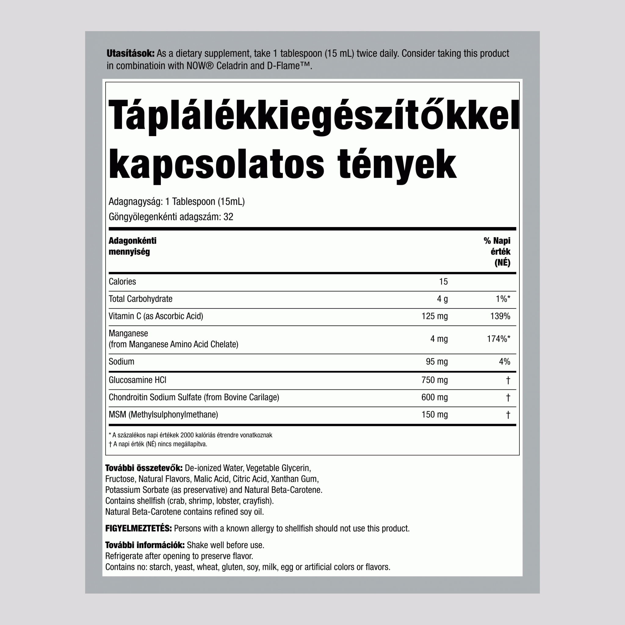 Folyékony glükózamin/kondroitin/MSM 16 fl oz 473 ml Palack    