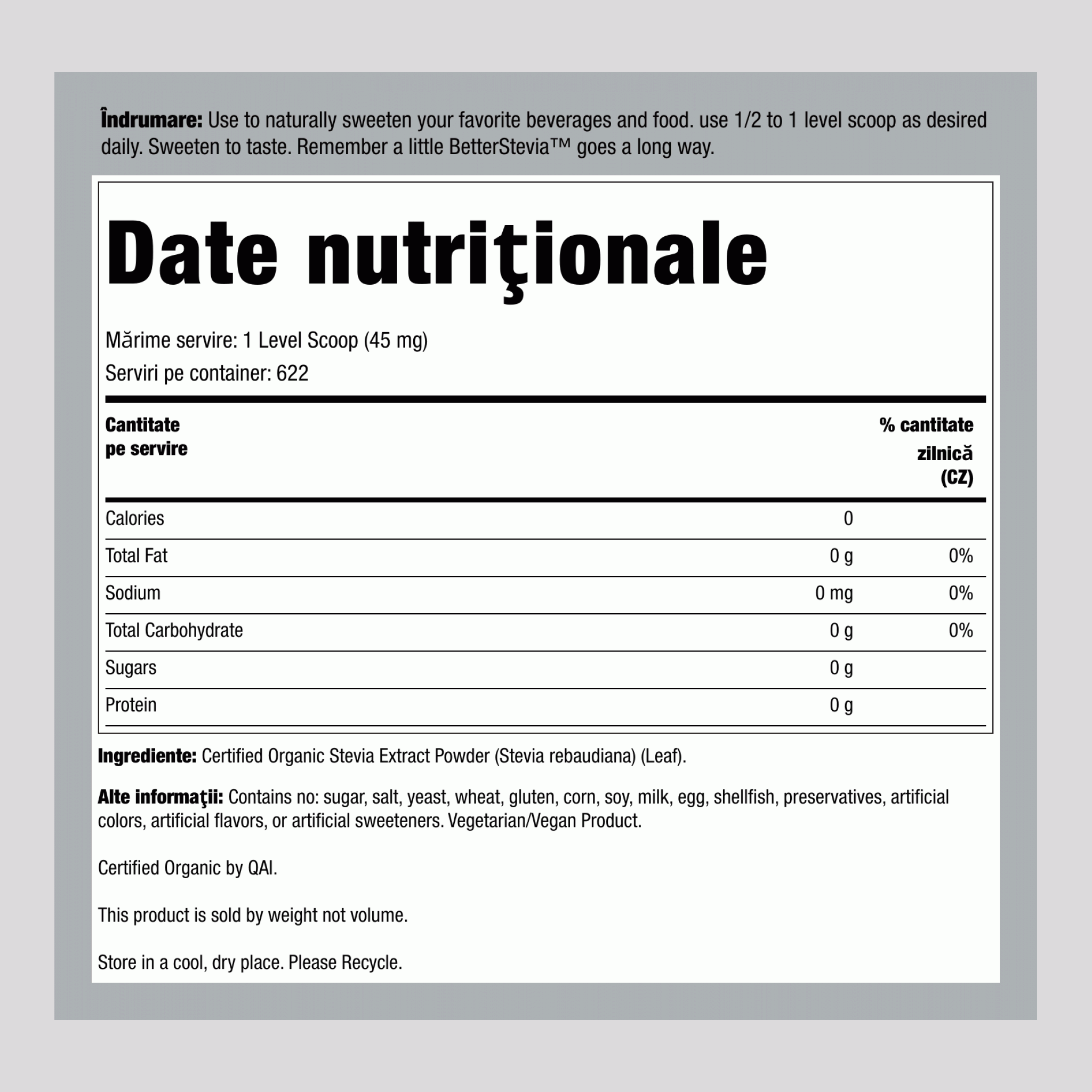 Pulbere de extract de ştevie superioară 1 oz 28 g Sticlă    