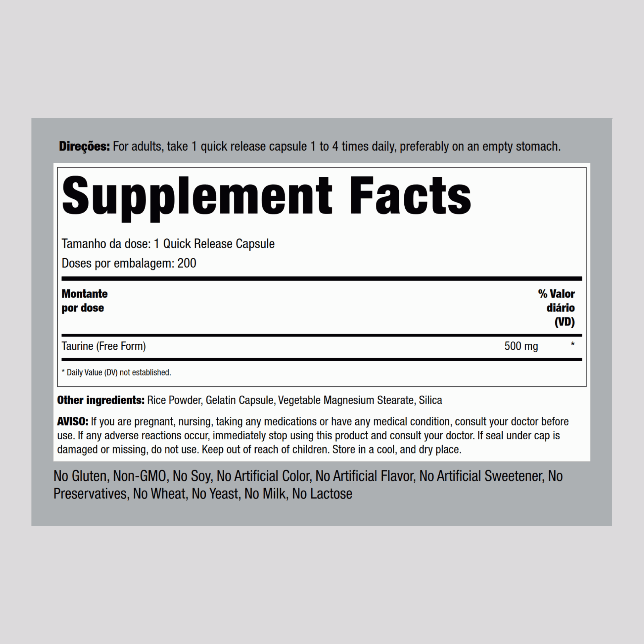 Taurina  500 mg 200 Cápsulas de Rápida Absorção     