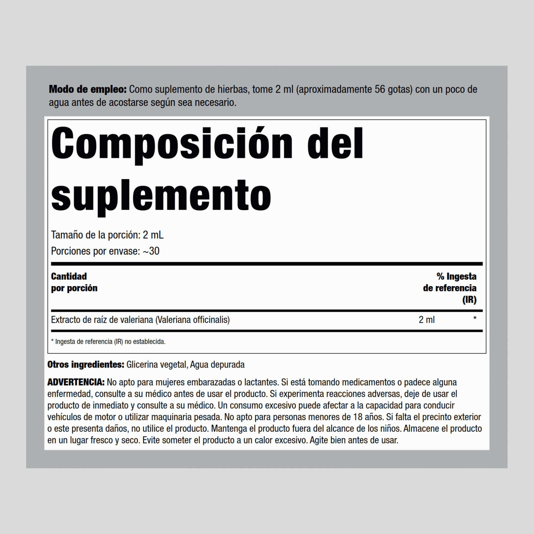 Extracto líquido de raíz de valeriana Sin alcohol  2 fl oz 59 mL Frasco con dosificador    