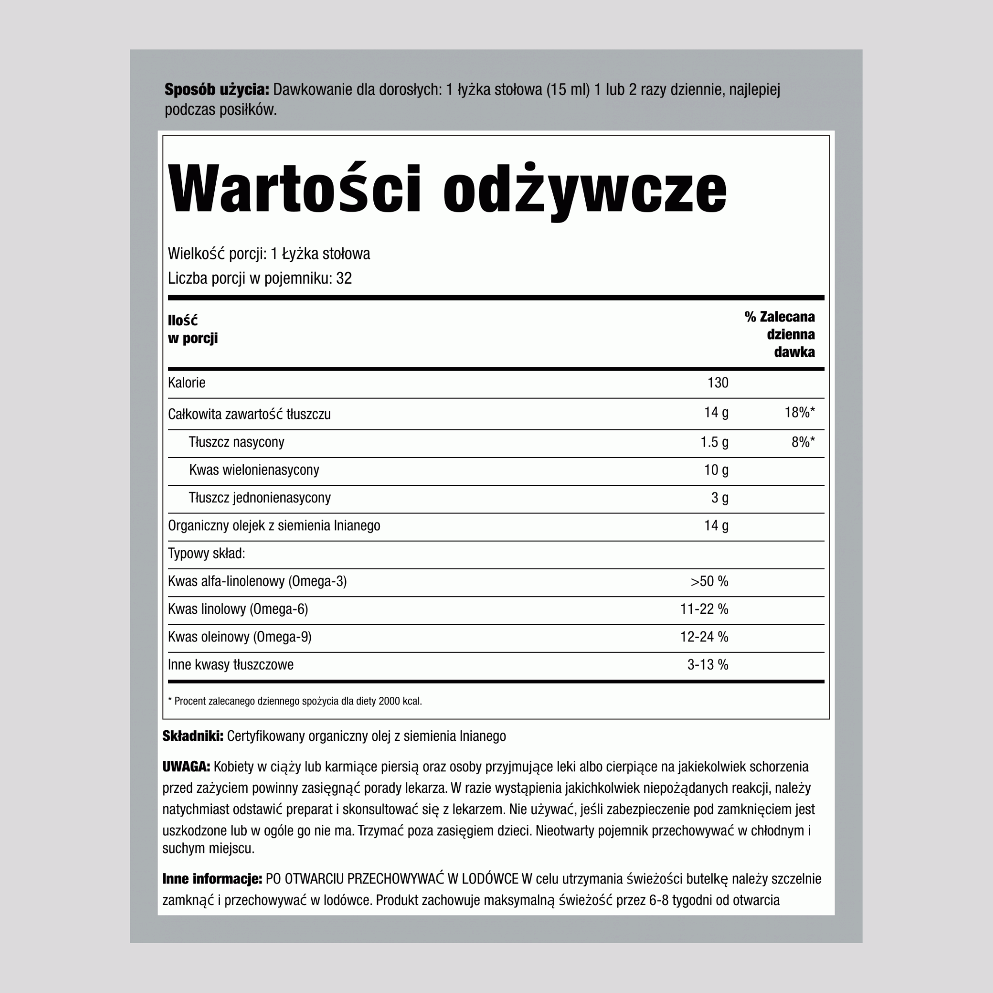 Olej lniany (Organiczna) 16 Uncje sześcienne 473 ml Butelka    