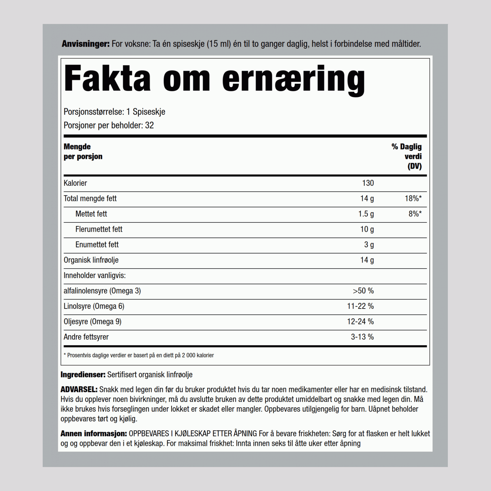 Linfrøolje (Økologisk) 16 ounce 473 mL Flaske    