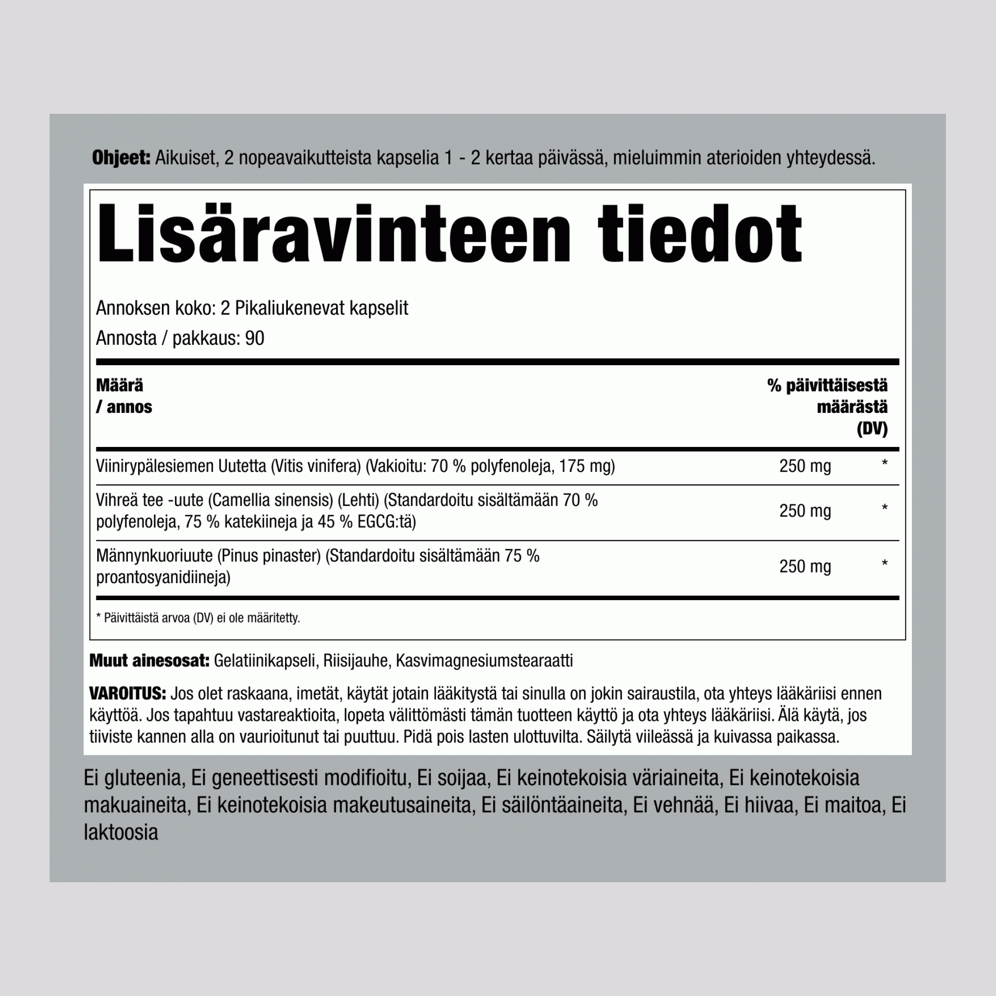 Standardoitu viinirypäleensiemen-, vihreä tee- ja männynkuoriyhdistelmä 180 Pikaliukenevat kapselit    