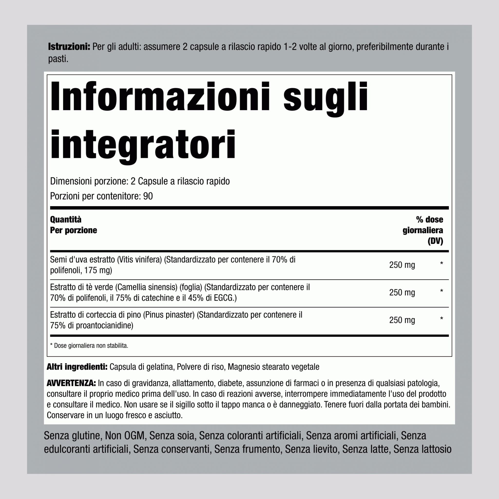 Semi d'uva standard, complesso di te verde e corteccia di pino 180 Capsule a rilascio rapido    
