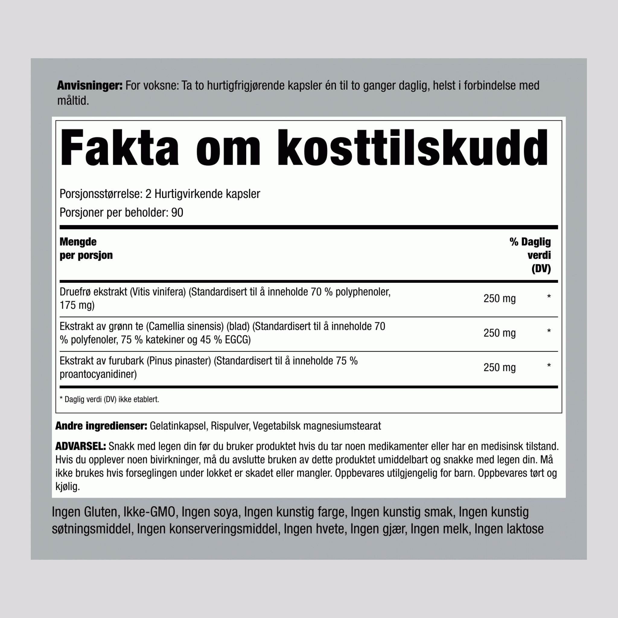 Standardisert druekjerneekstrakt, grønn te og furubark Complex 180 Hurtigvirkende kapsler    