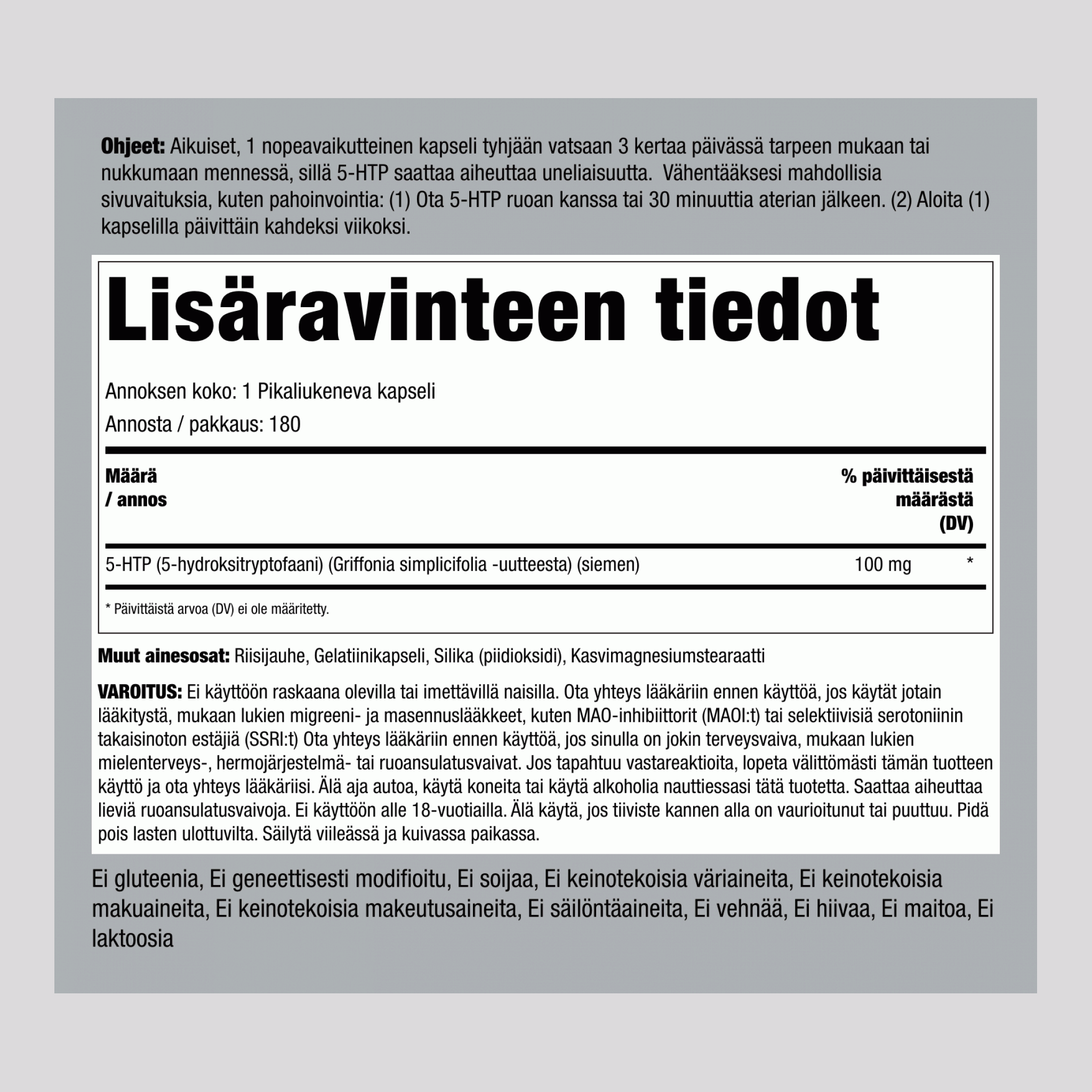 5-HTP  100 mg 180 Pikaliukenevat kapselit 2 Pulloa   