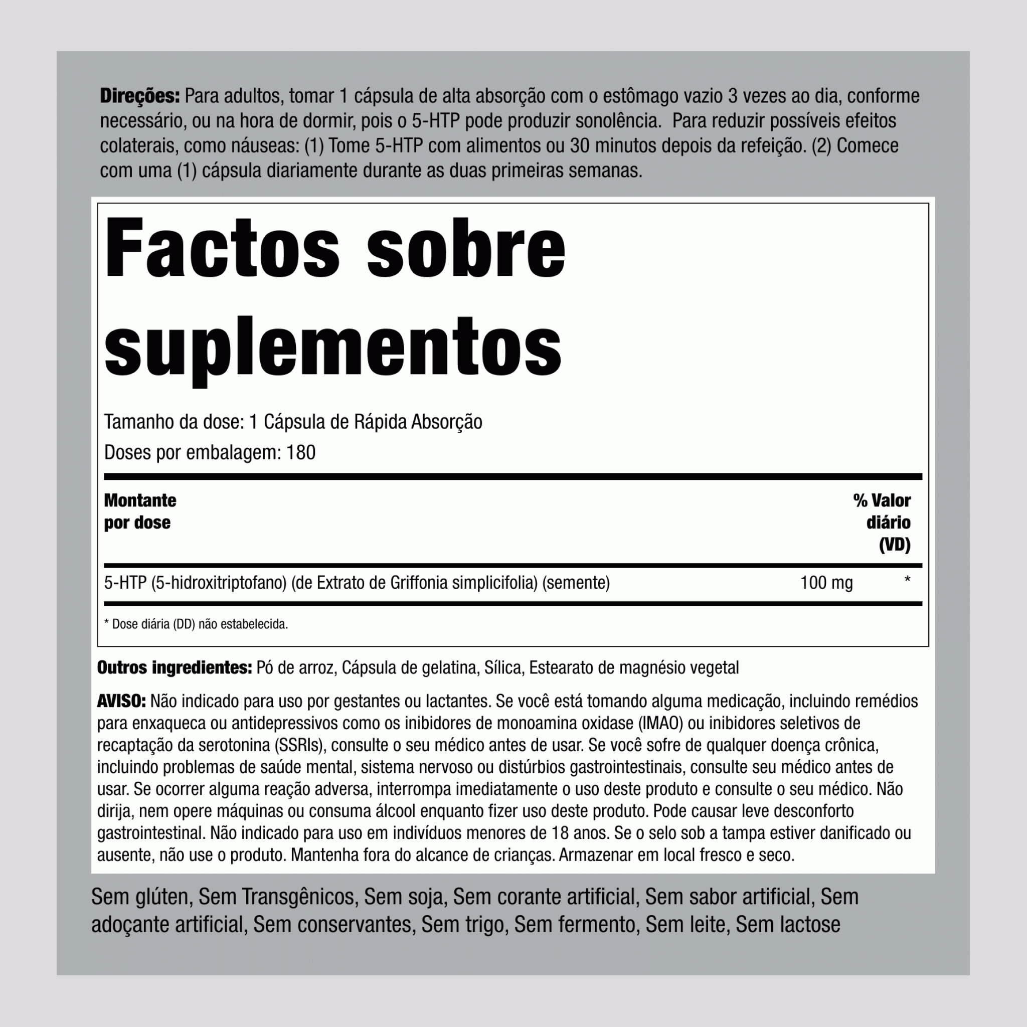 5-HTP  100 mg 180 Cápsulas de Rápida Absorção 2 Frascos   