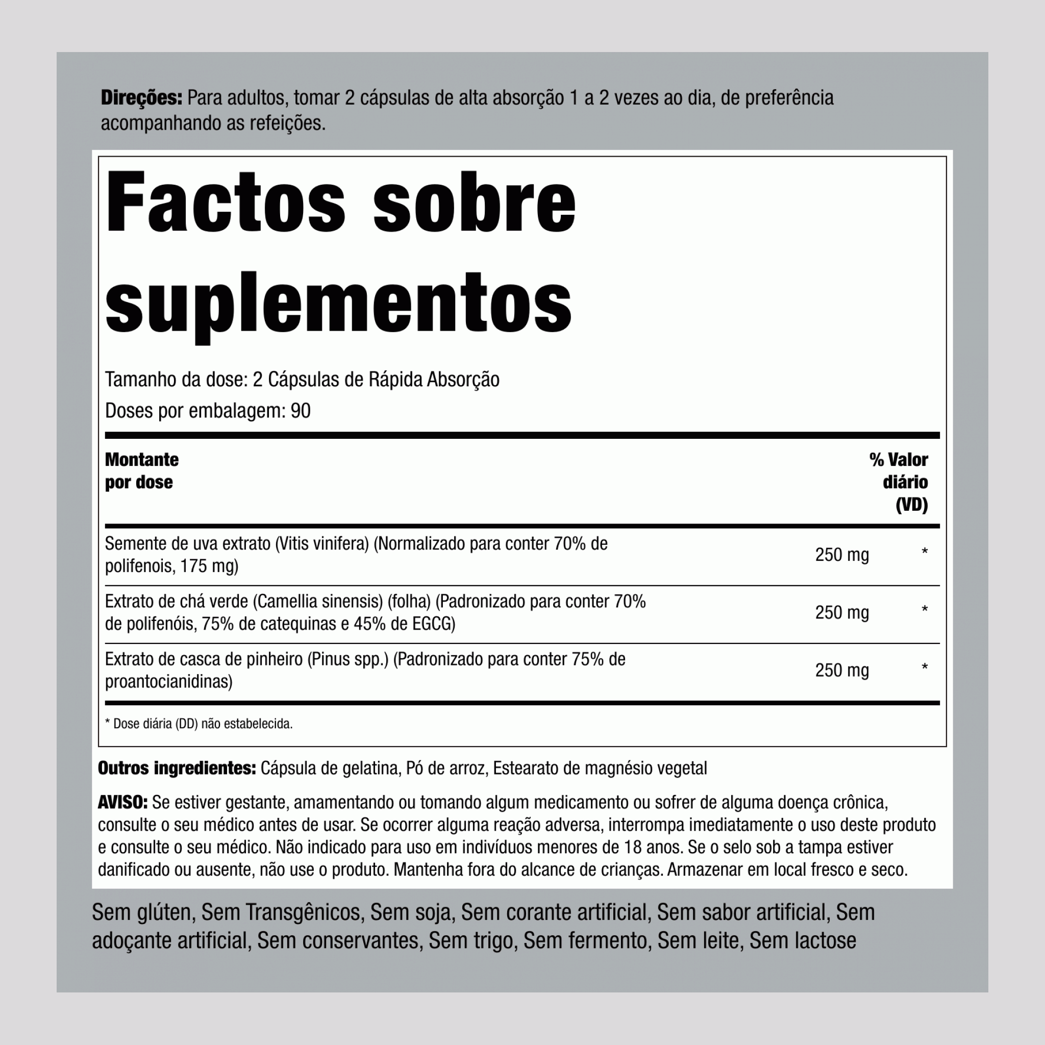 Complexo normalizado de grainha de uva, chá verde e casca de pinheiro 180 Cápsulas de Rápida Absorção 2 Frascos      