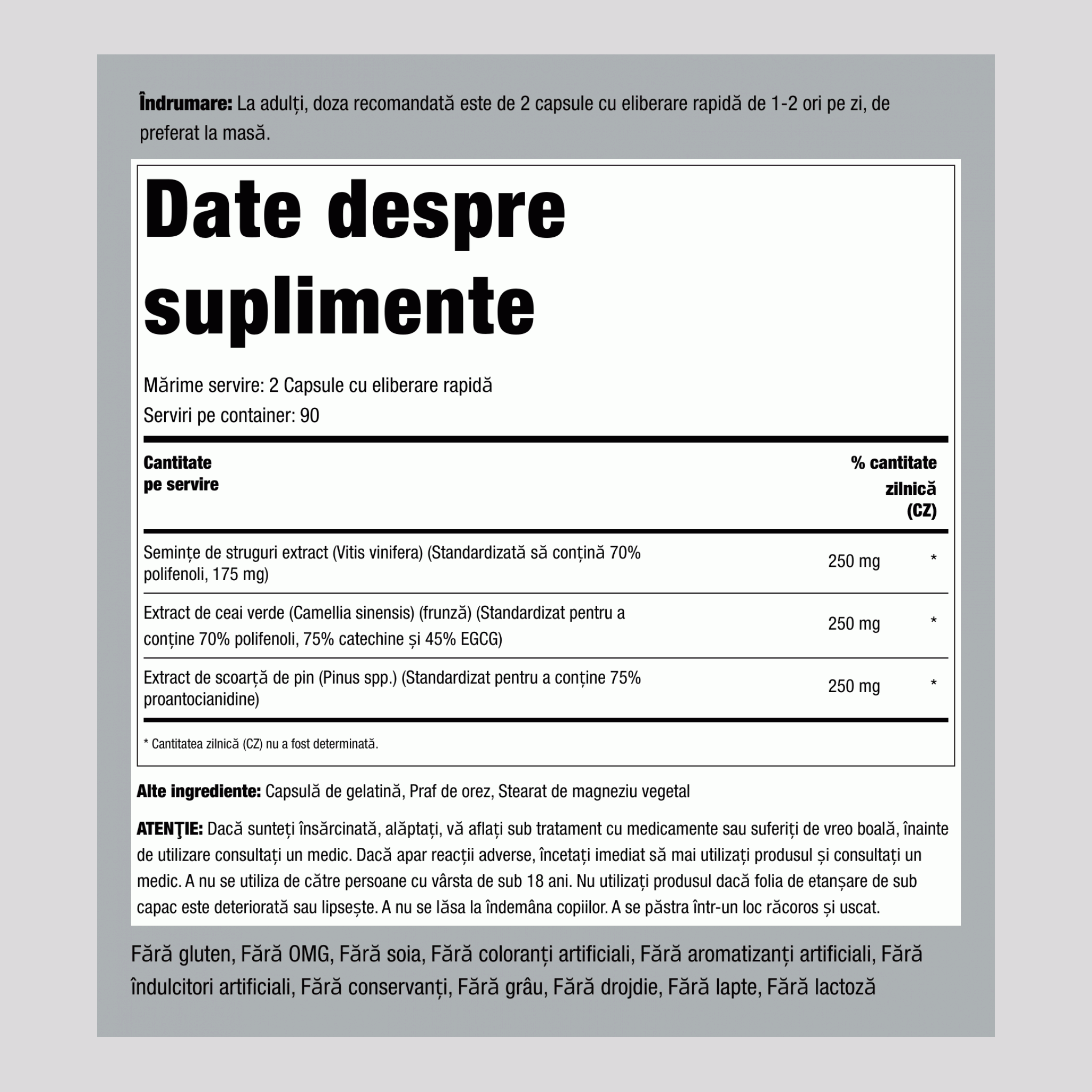 Complex standardizat de seminţe de struguri, ceai verde şi coajă de pin 180 Capsule cu eliberare rapidă 2 Sticle      
