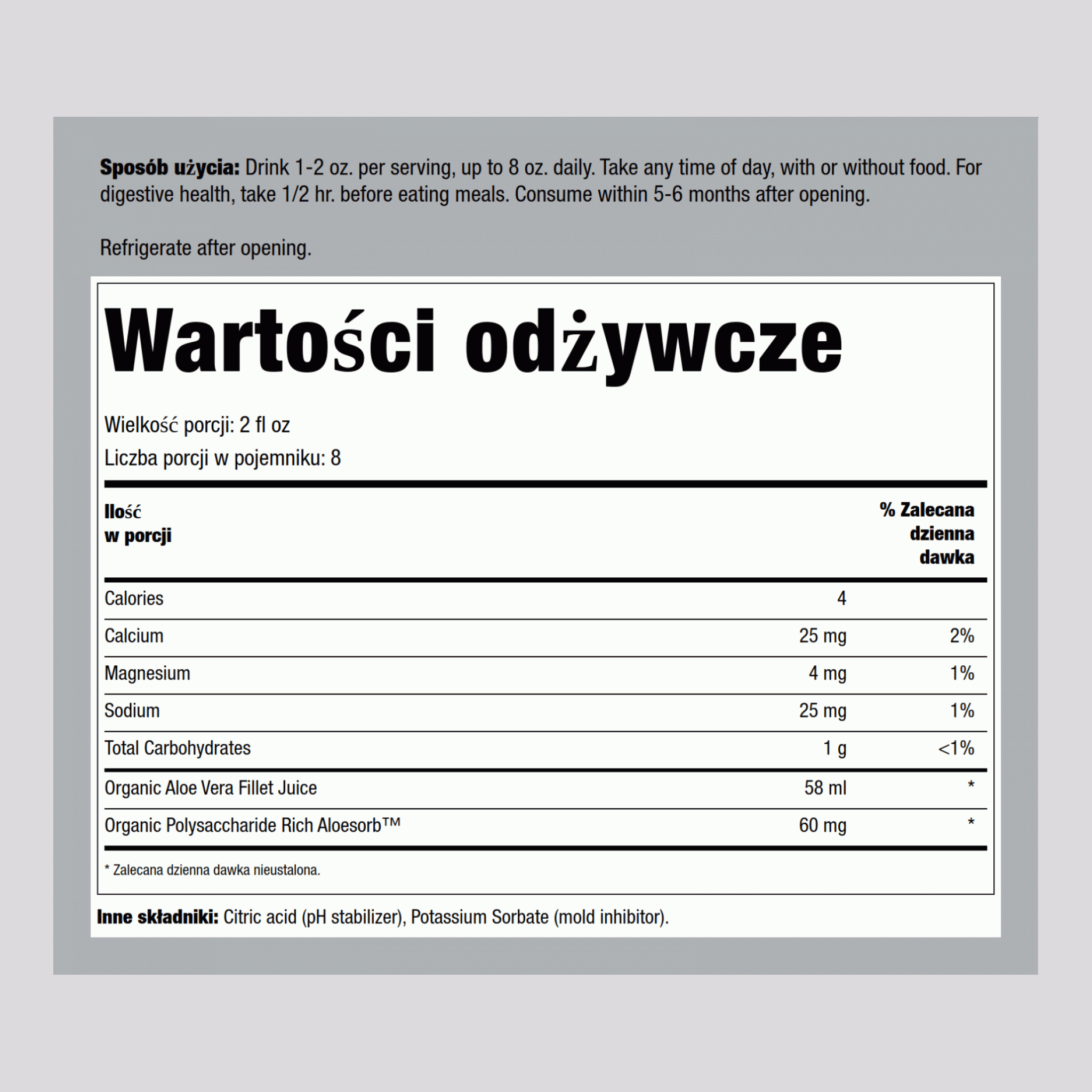 Sok z aloesu (Organiczna) 16 Uncje sześcienne 473 ml Butelka    