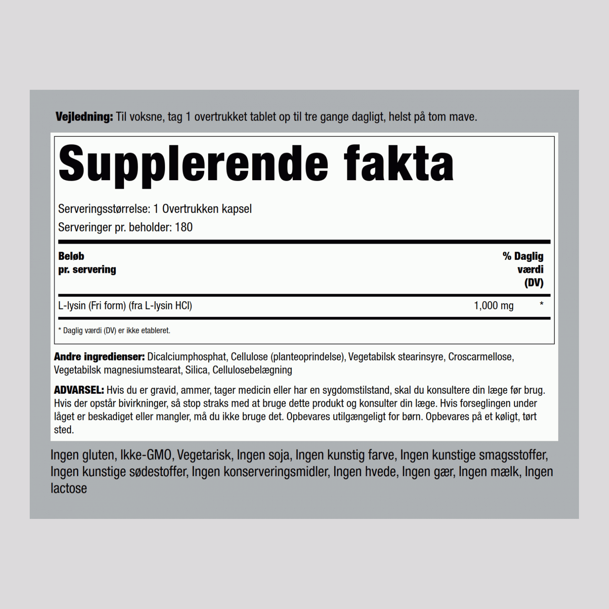 L-lysin (fri form) 1000 mg 180 Overtrukne kapsler     