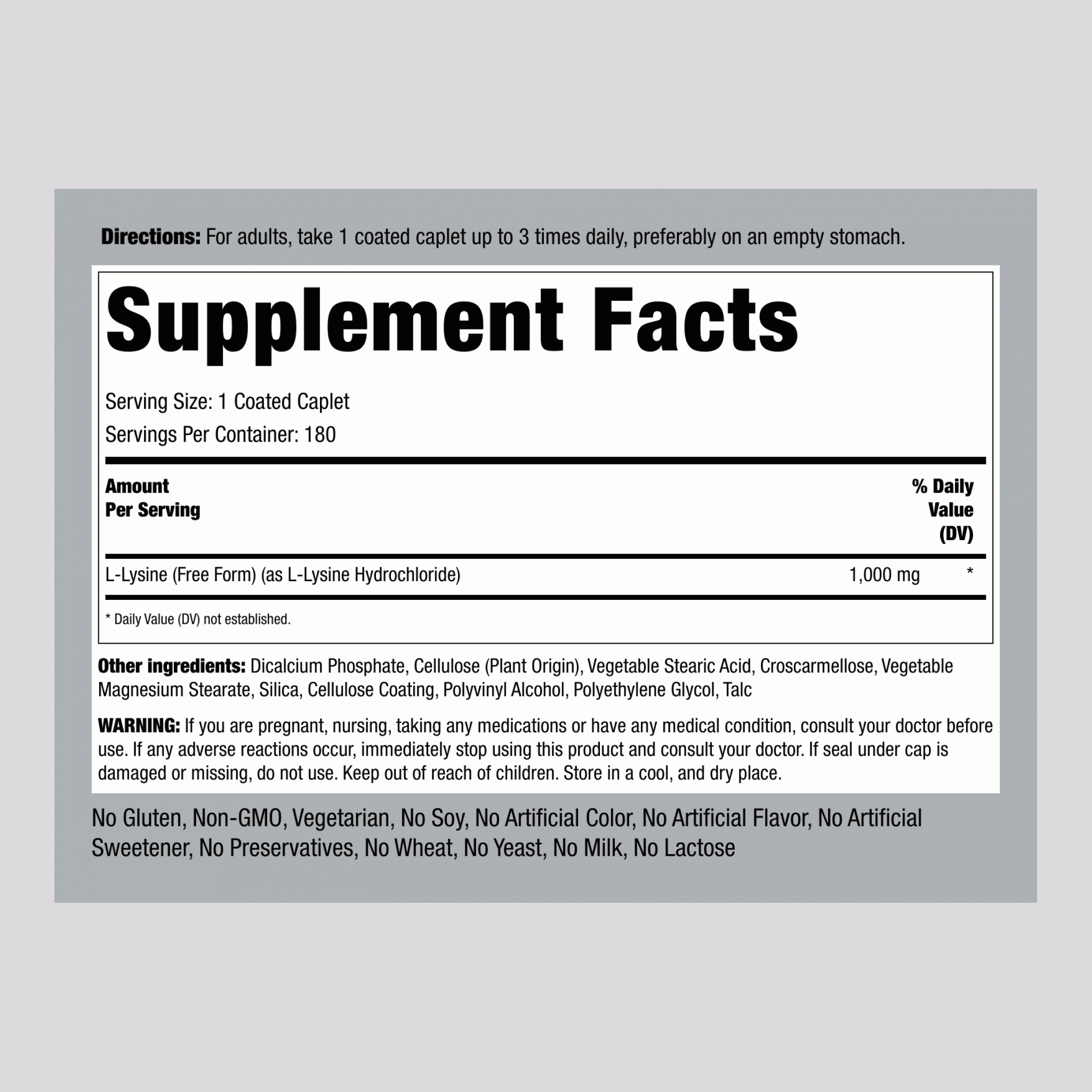 L-Lysine (Free Form), 1000 mg, 180 Coated Caplets