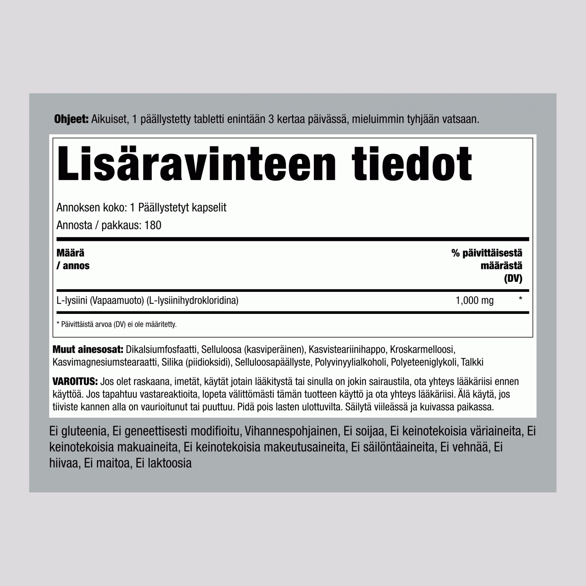 L-lysiini (vapaa) 1000 mg 180 Päällystetyt kapselit     