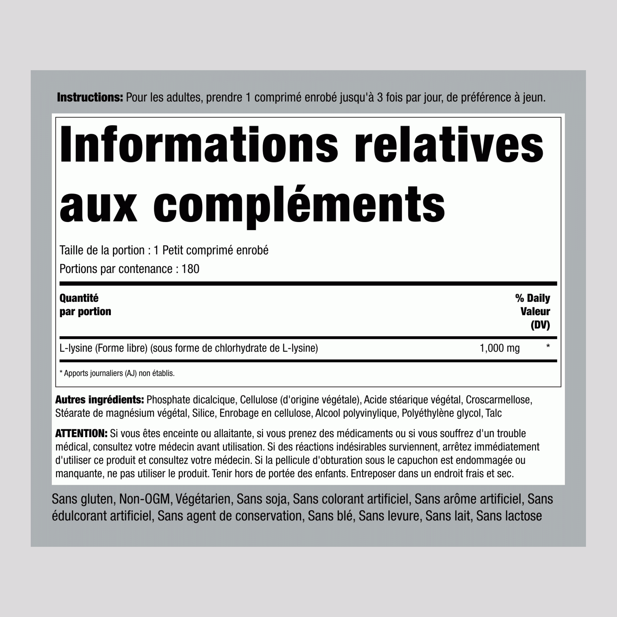 L-Lysine (forme libre) 1000 mg 180 Petits comprimés enrobés     