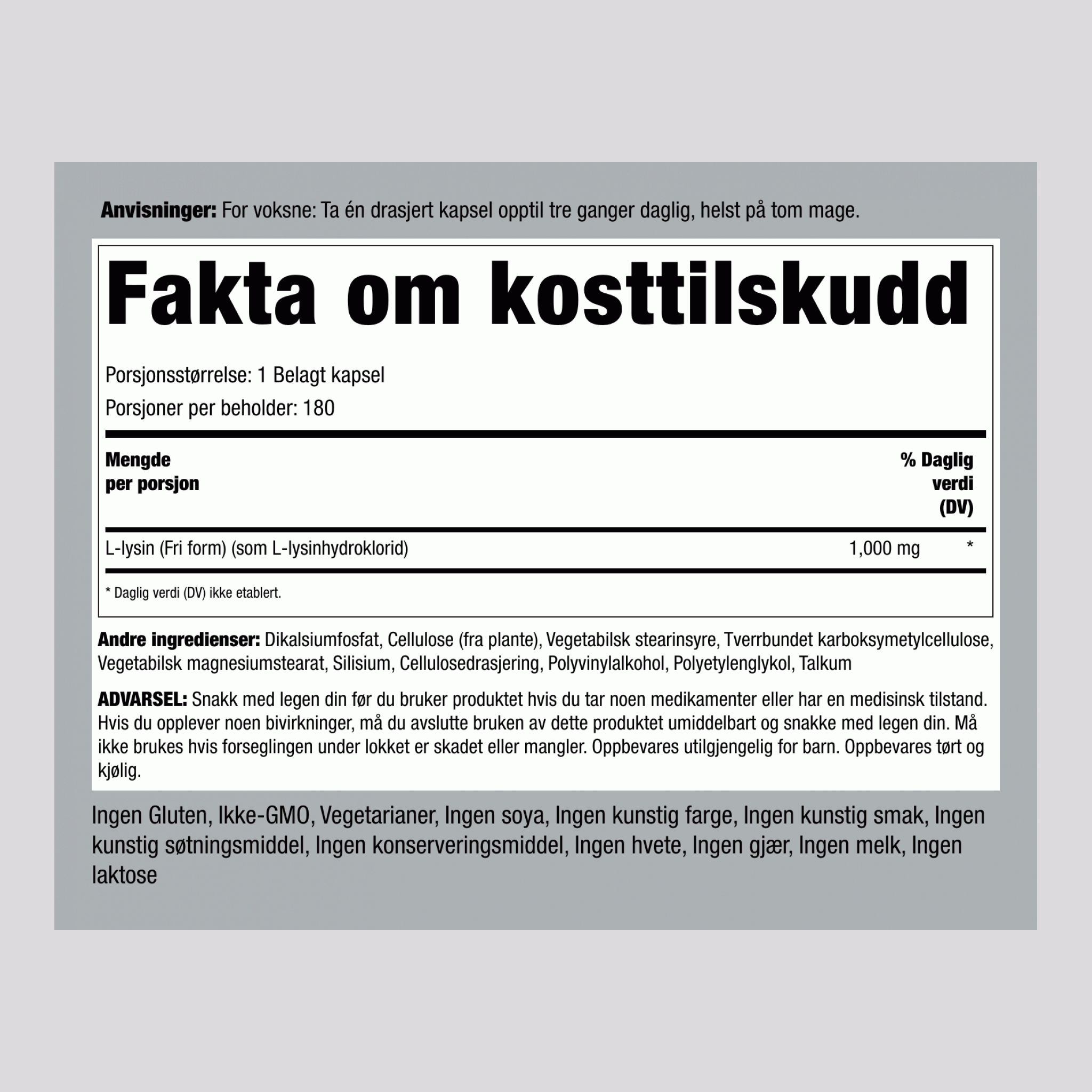 L-lysin (fri form) 1000 mg 180 Belagte kapsler     