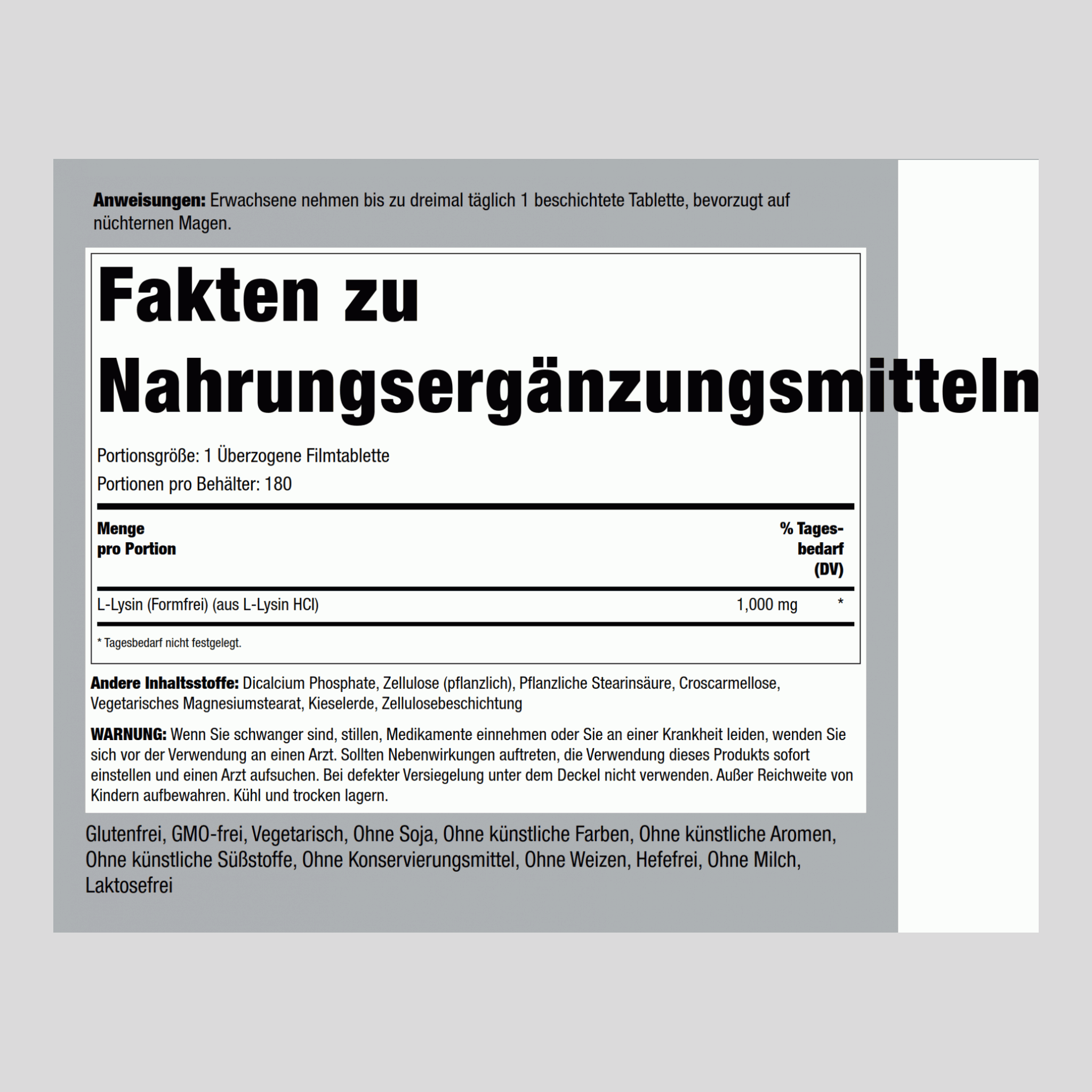 L-Lysin (in freier Form) 1000 mg 180 Überzogene Filmtabletten     