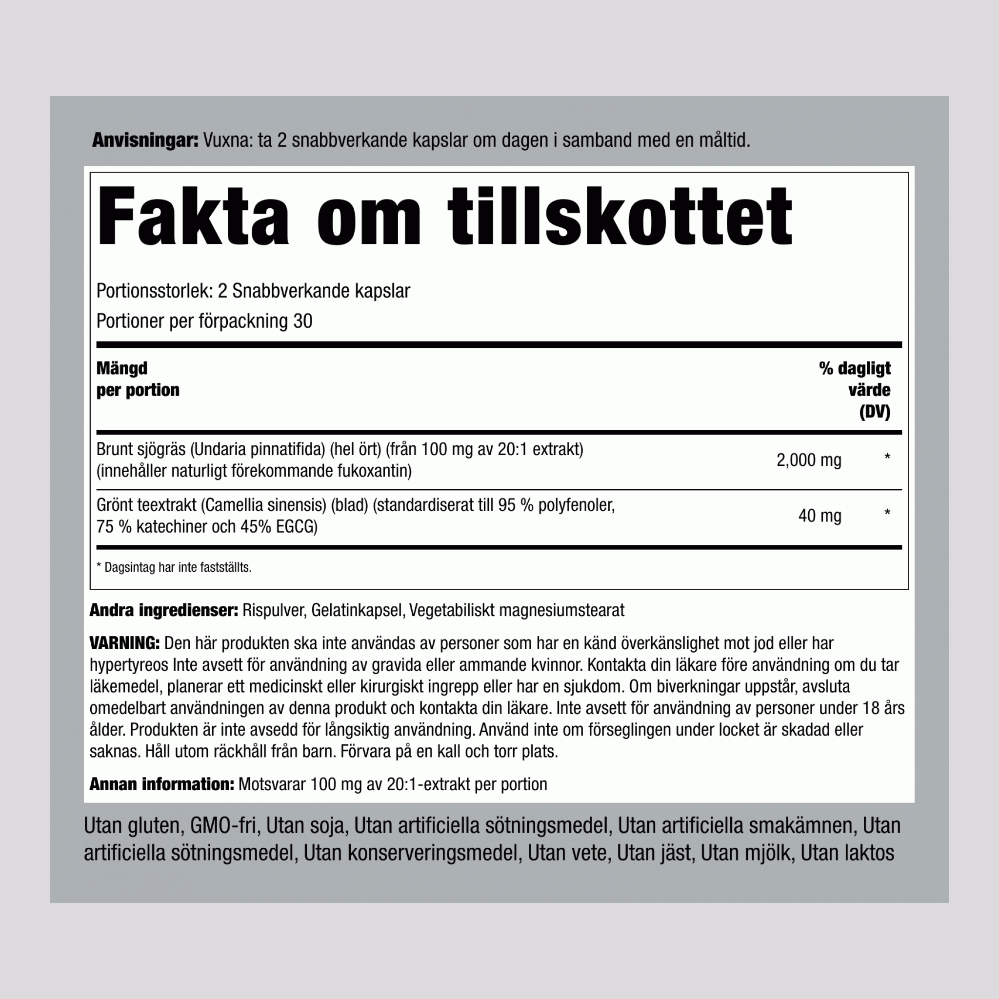 Brunt sjögräs Plus (wakame) 2000 mg (per portion) 60 Snabbverkande kapslar     