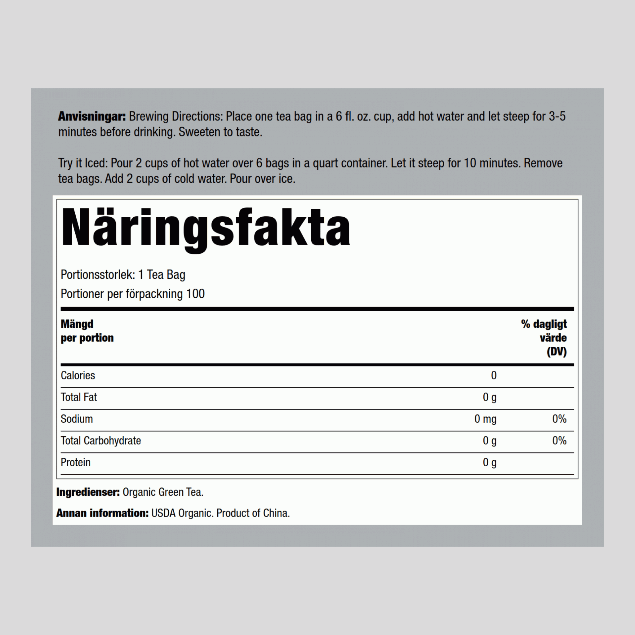 Grönt te (Organiskt) 100 Tepåsar       