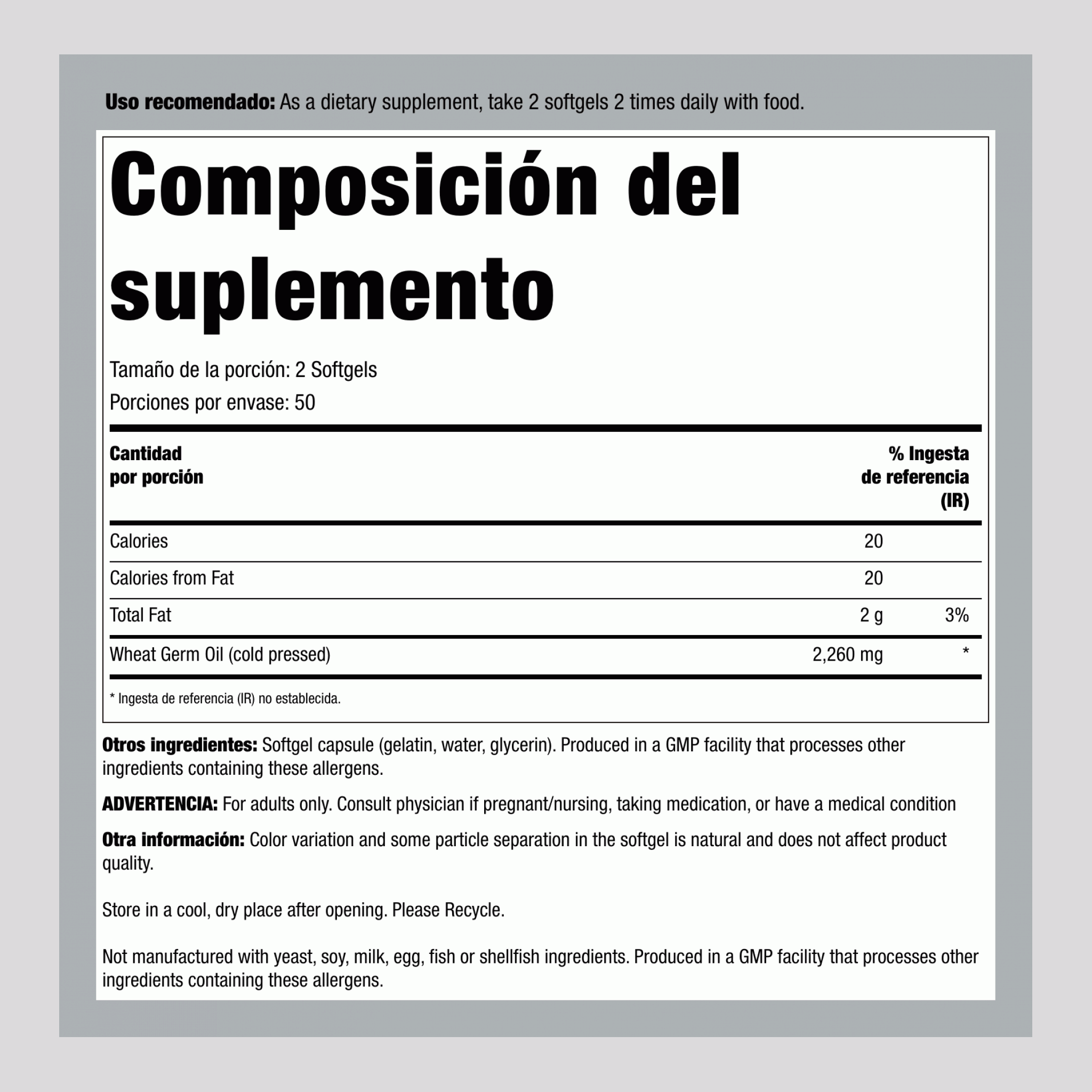 Aceite de germen de trigo (prensado en frío) 1130 mg 100 Perlas     