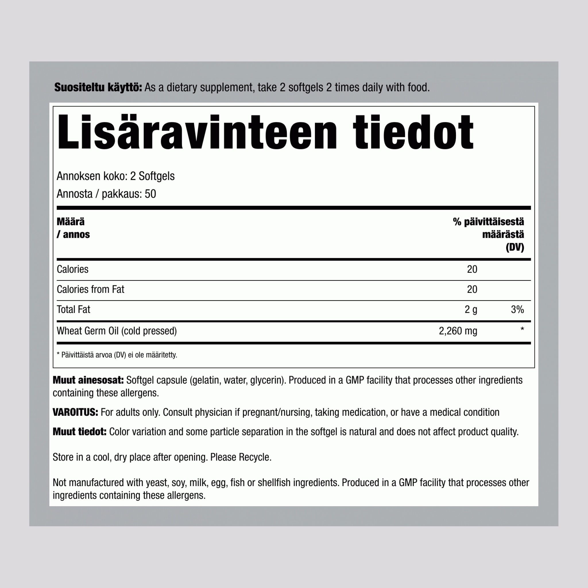 Vehnänalkioöljy (kylmäpuristettu)  1130 mg 100 Geelikapselit     