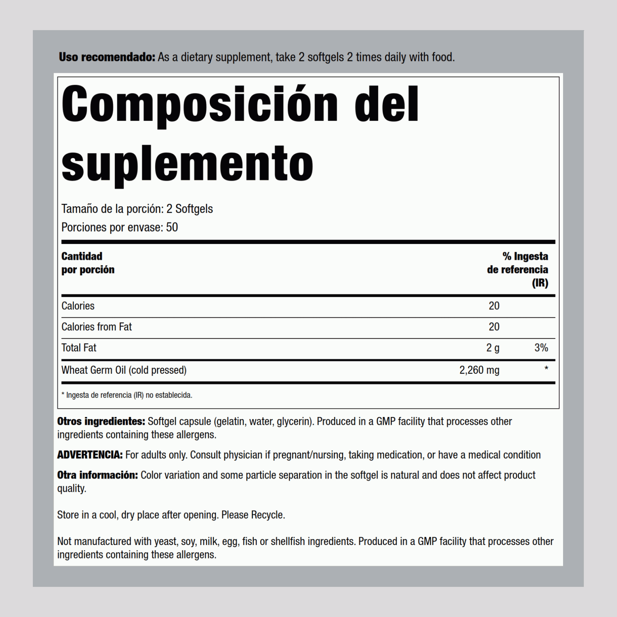 Aceite de germen de trigo (prensado en frío) 1130 mg 100 Perlas     