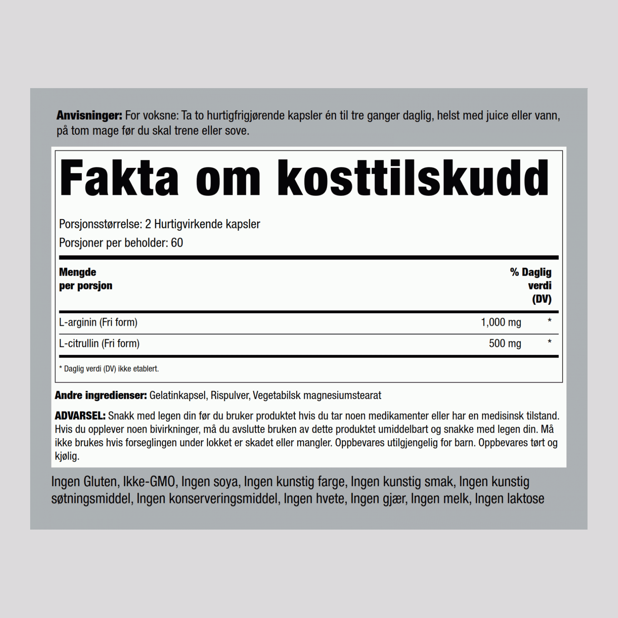 L-arginin 500 mg og citrullin 250 mg 1000/500 mg 120 Hurtigvirkende kapsler     