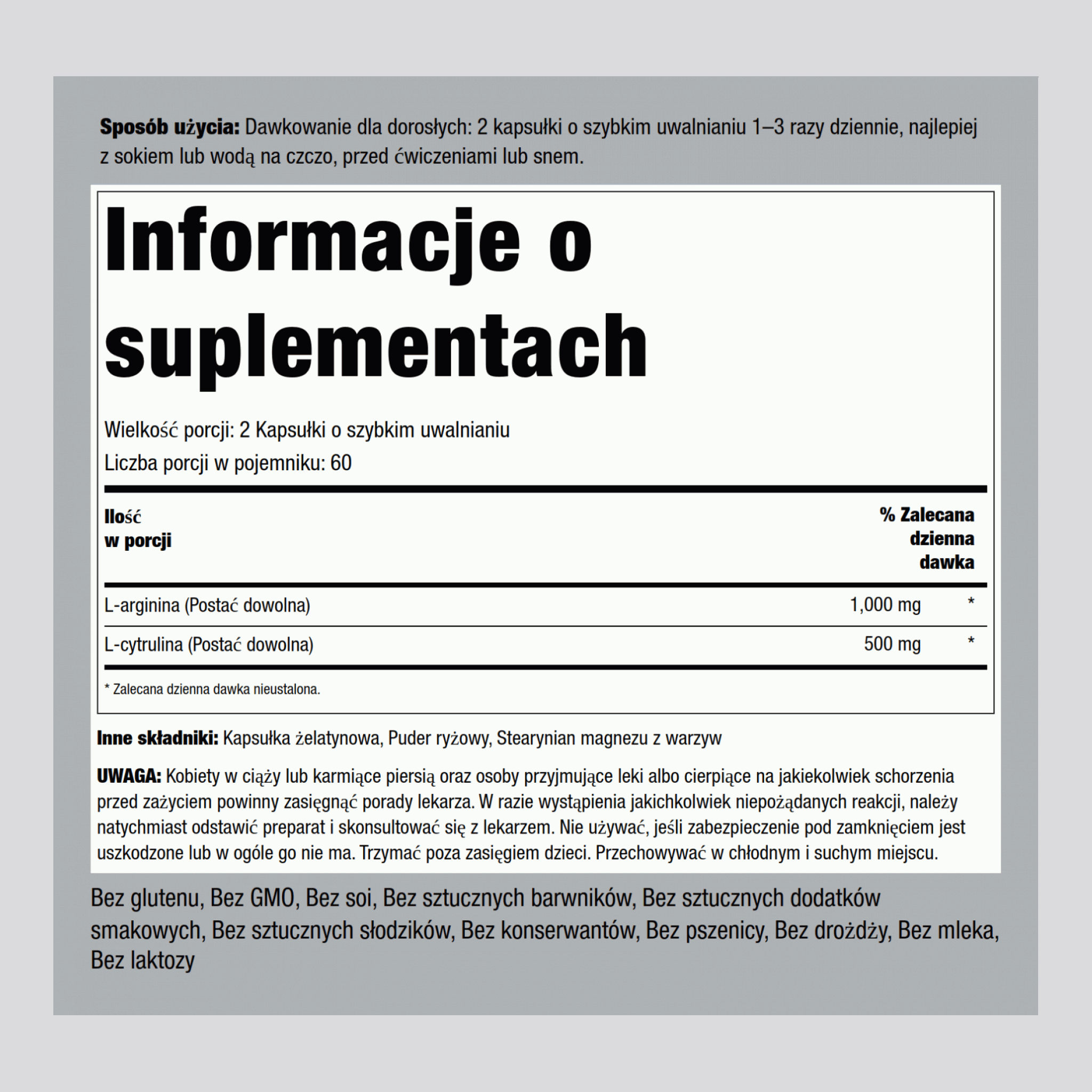 L-arginina 500 mg i cytrulina 250 mg 1000/500 mg 120 Kapsułki o szybkim uwalnianiu     