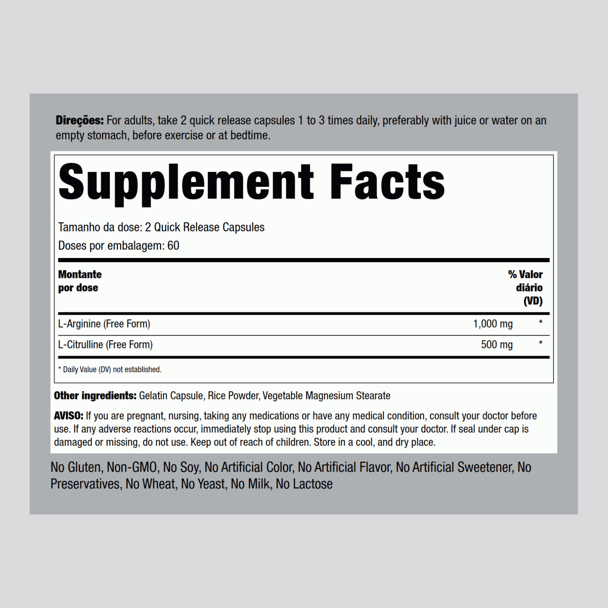 L-arginina 500 mg e citrulina 250 mg 1000/500 mg 120 Cápsulas de Rápida Absorção     