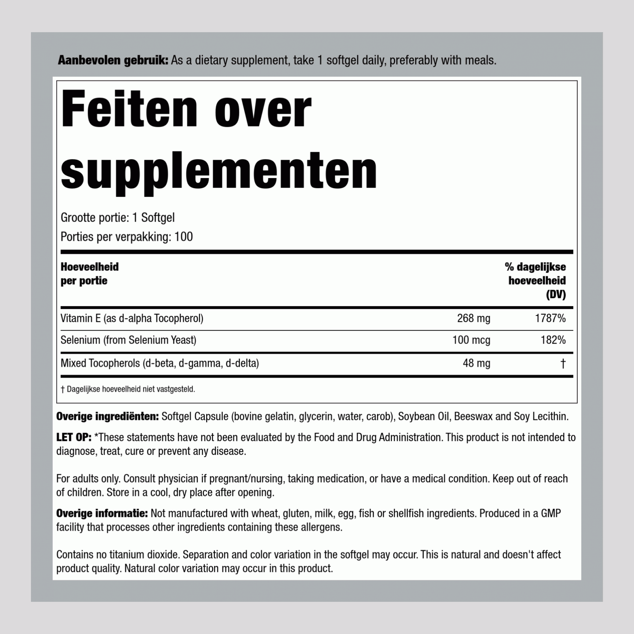 Vitamine E-400 (d-alpha met gemengde tocoferols) en selenium  100 Softgels       