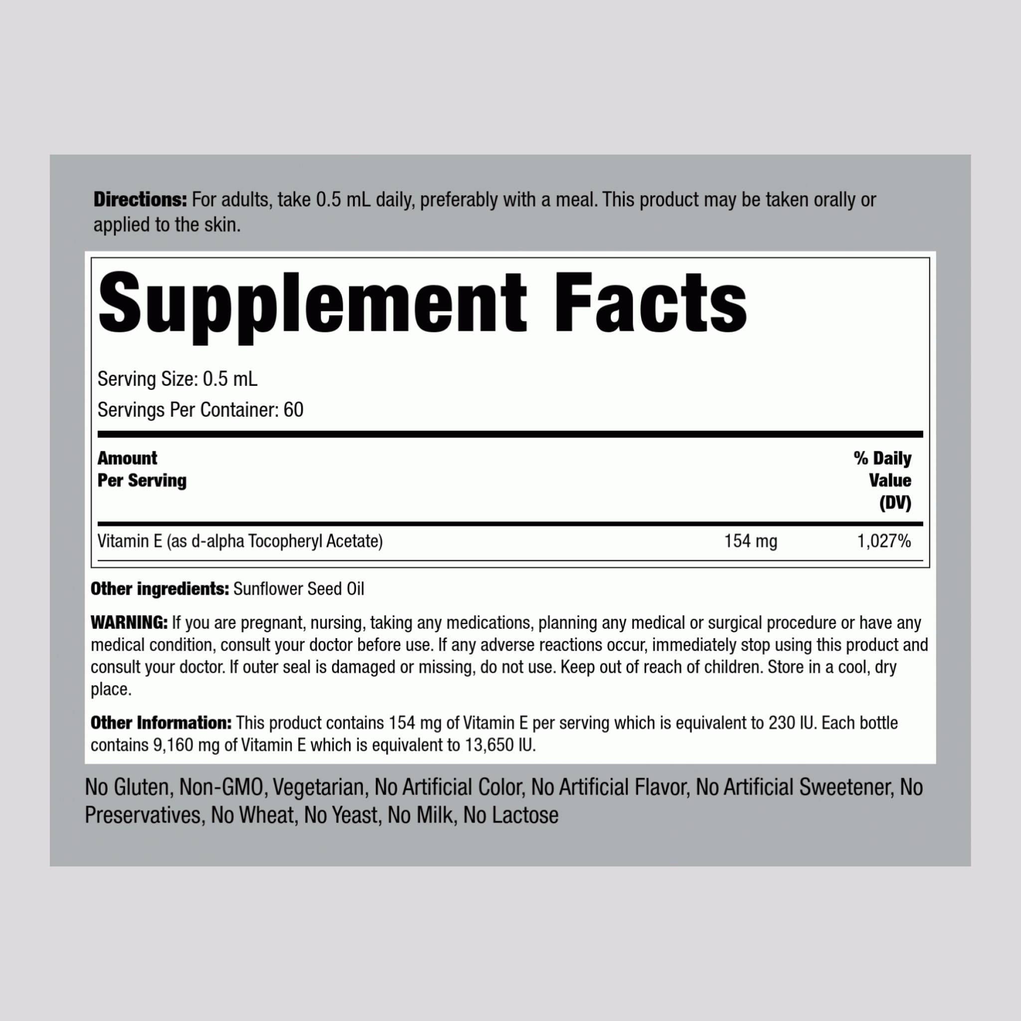 100% Natural Vitamin E-Oil, 13,650 IU, 1 fl oz (30 mL) Dropper Bottle