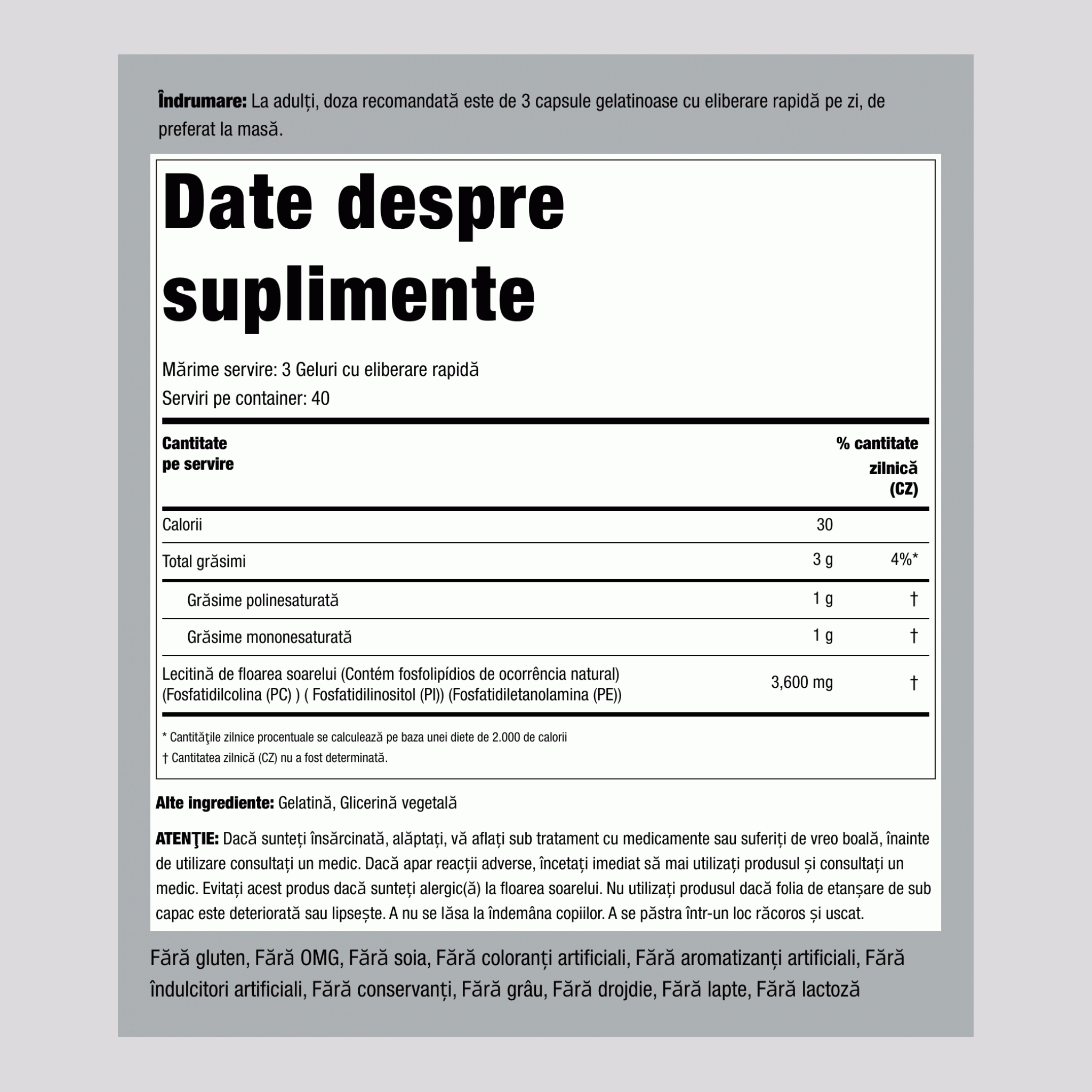 Lecitină de floarea-soarelui, 3600 mg (per porție), 120 capsule gelatinoase cu eliberare rapidă