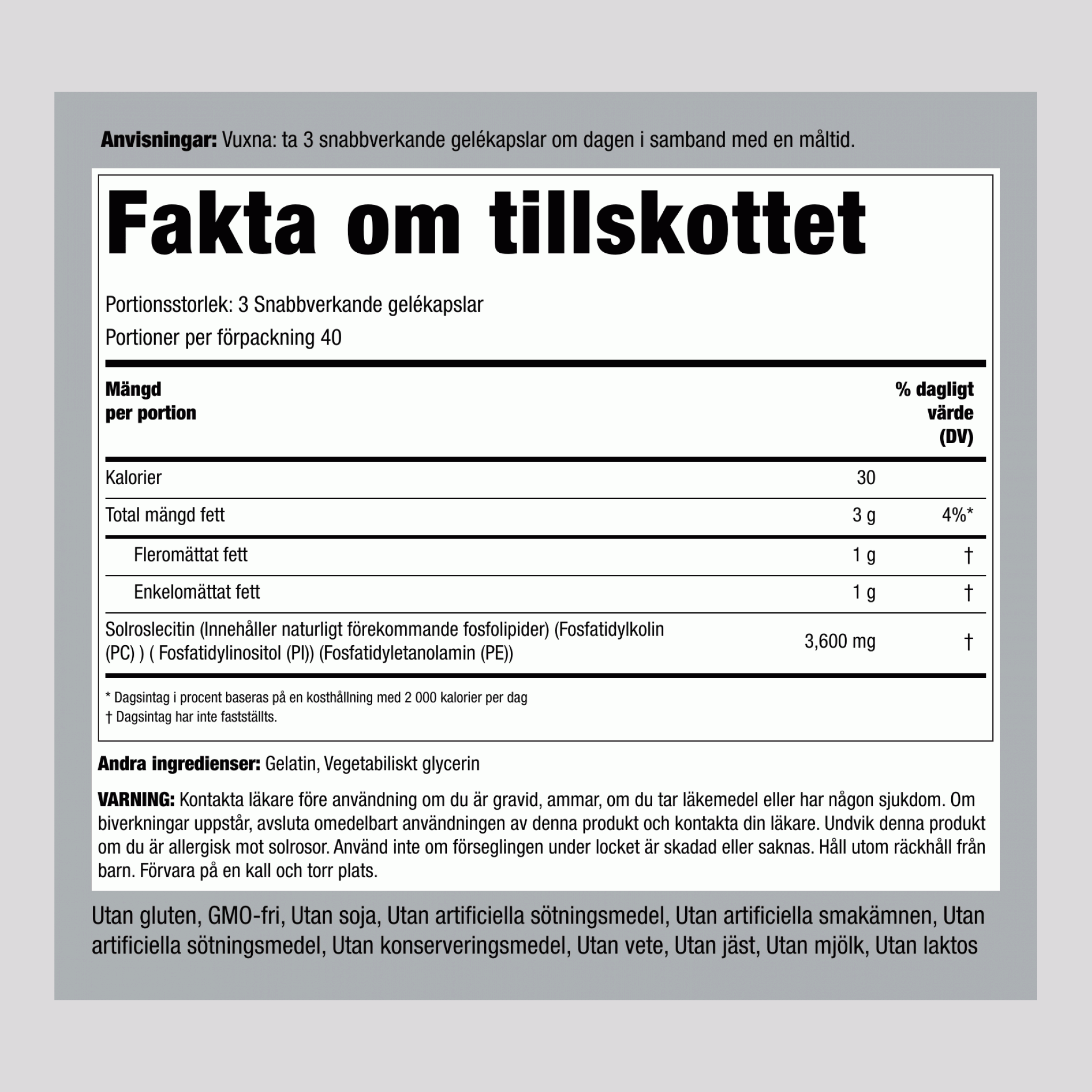 Solroslecitin, 3600 mg (per portion), 120 Snabbupplösande Mjukgeler