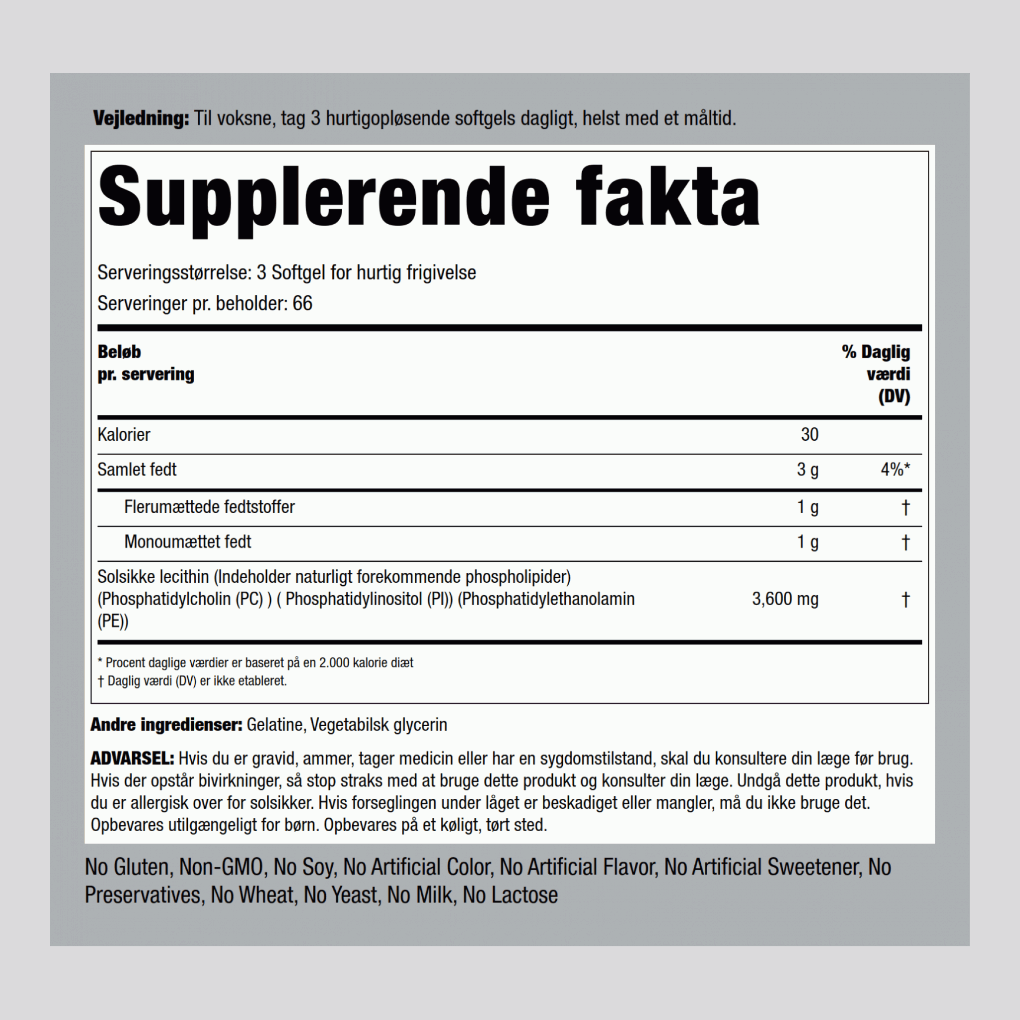 Solsikkelecithin – IKKE-GMO 2400 mg 3600 mg (pr. dosering) 200 Softgel for hurtig frigivelse     