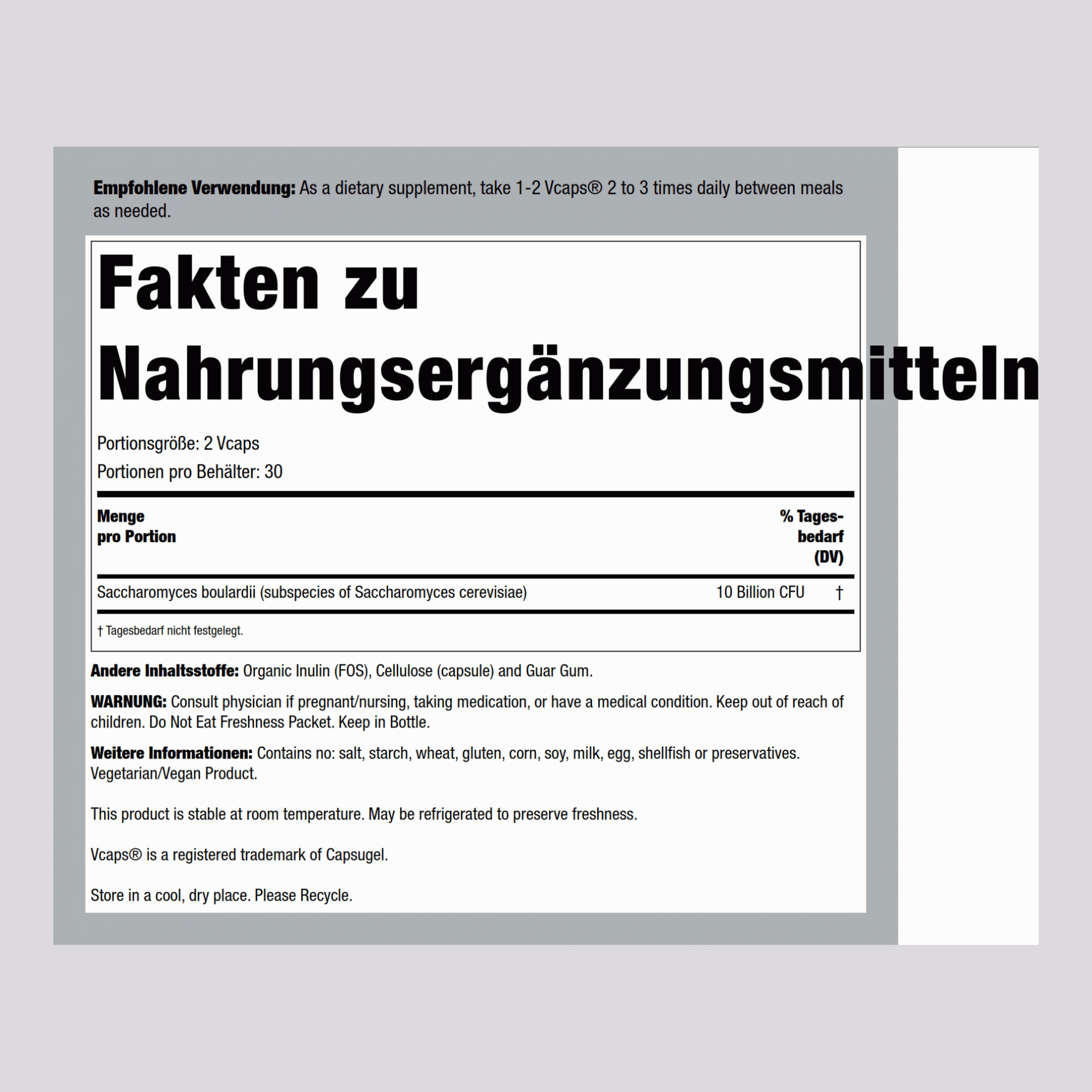 Saccharomyces boulardii,5 Milliarde CFU 60 Vegetarische Kapseln     