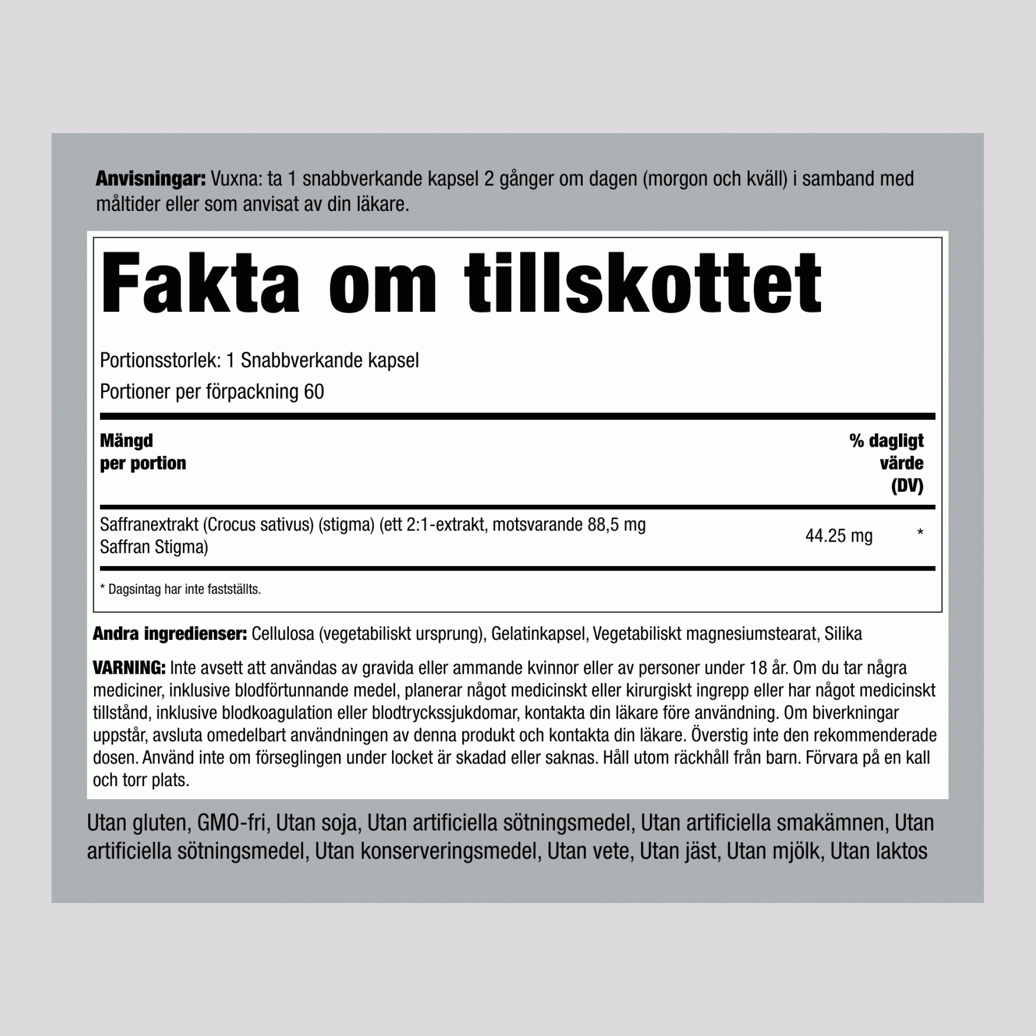 Saffranextrakt, 88,5 mg, 60 snabbfrisättande kapslar