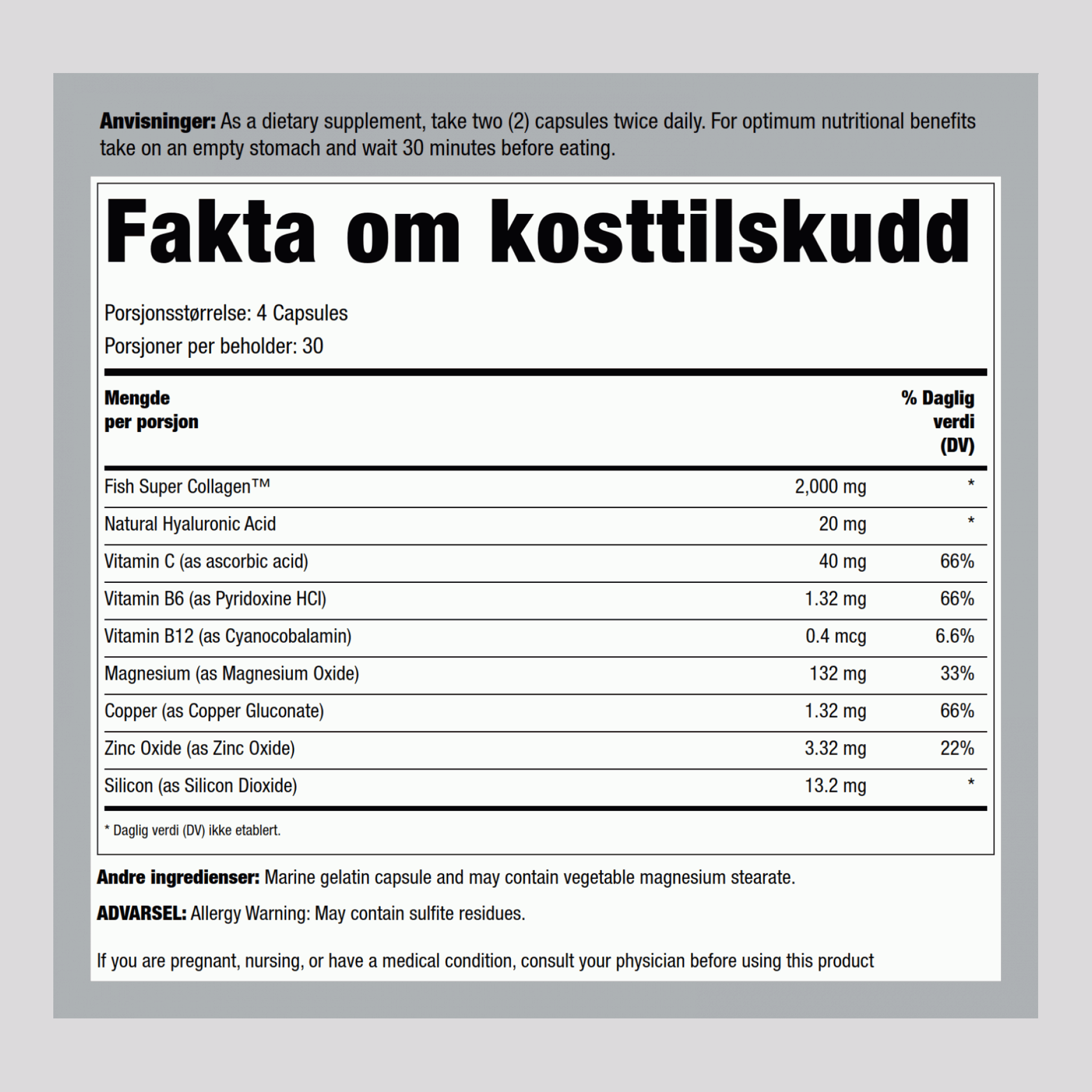 Fiskekollagen + hyaluronsyre 120 Kapsler       