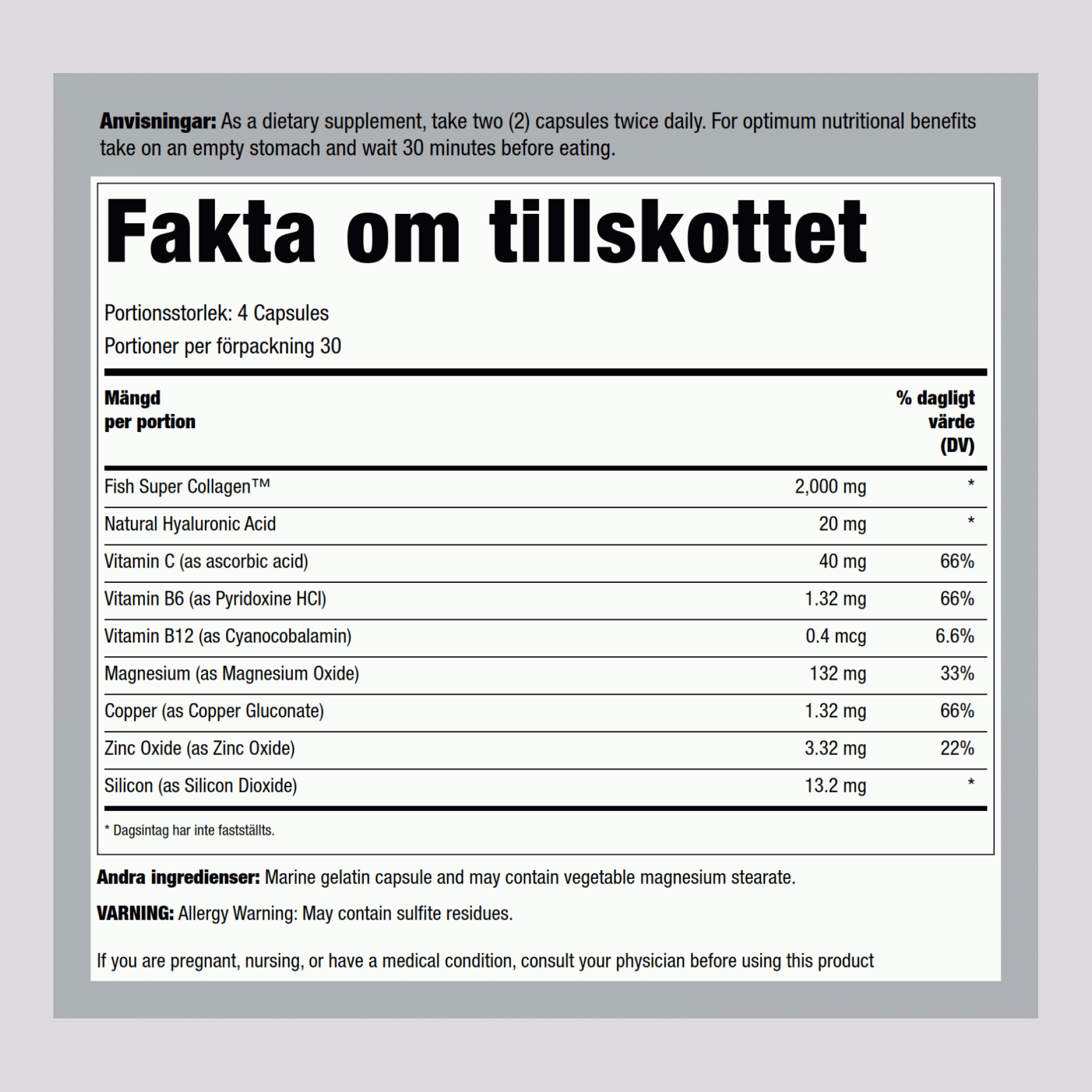 Kollagen från fisk + hyaluronsyra 120 Kapslar       