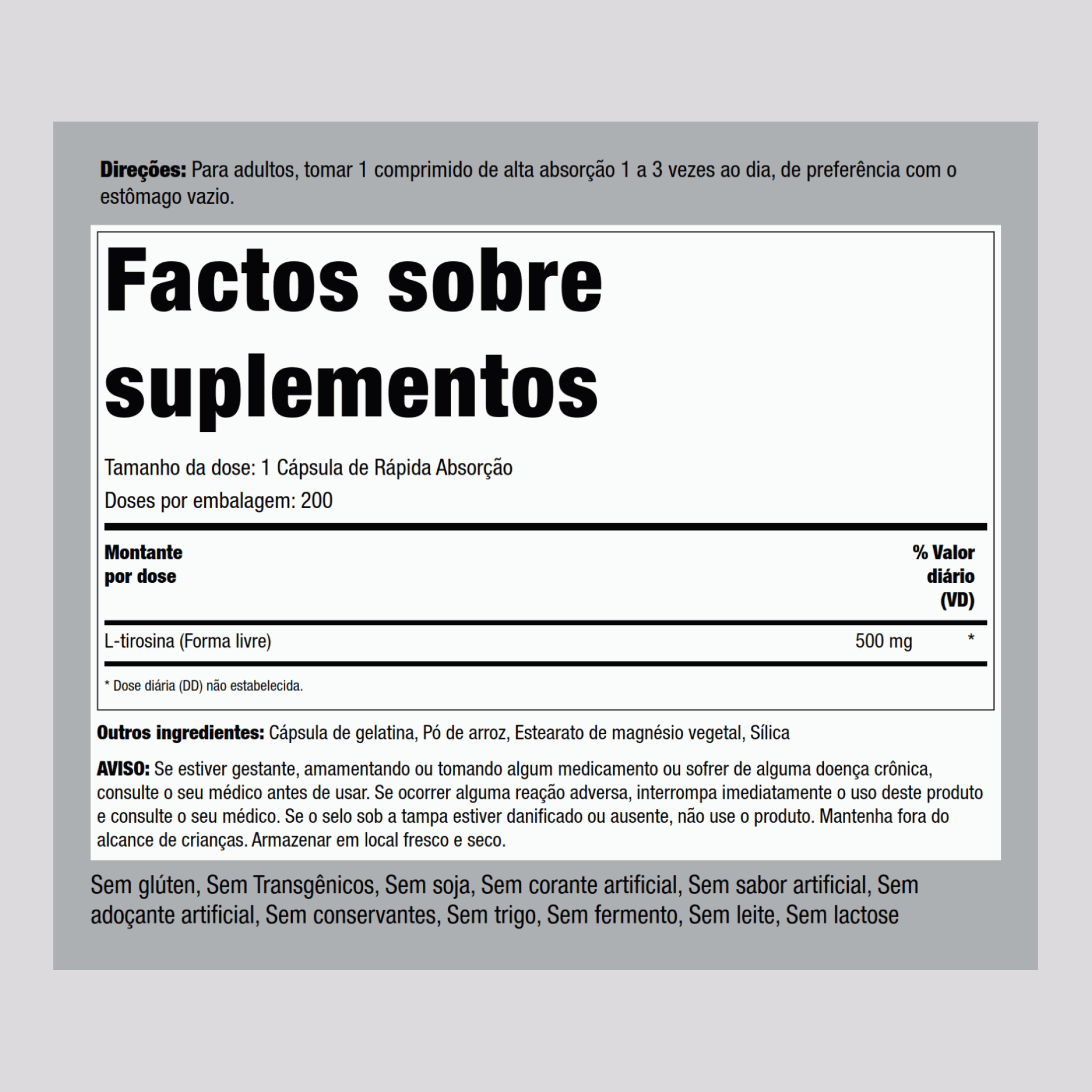 L-tirosina  500 mg 200 Cápsulas de Rápida Absorção     