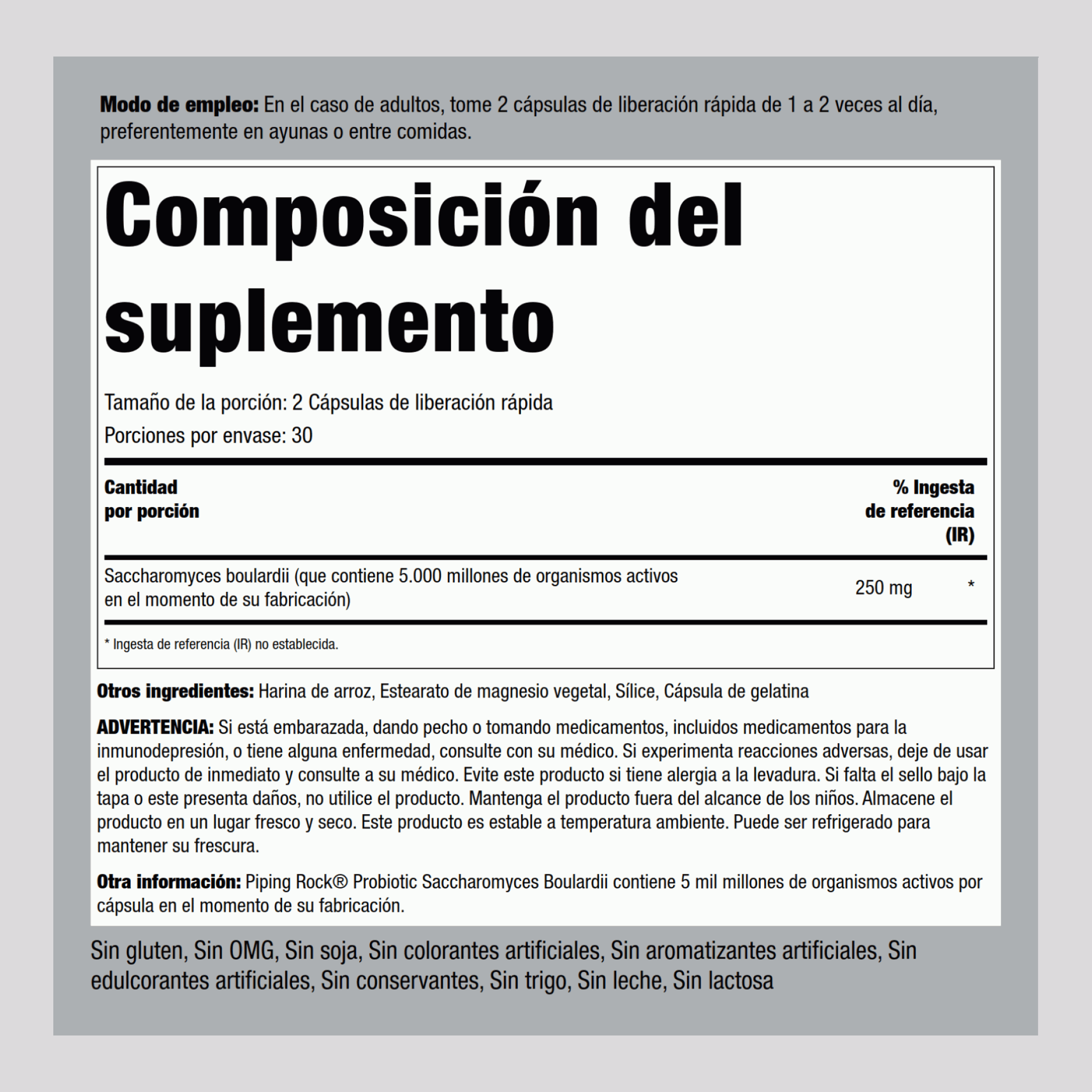 Saccharomyces Boulardii,5 Mil millones CFU 60 Cápsulas de liberación rápida     